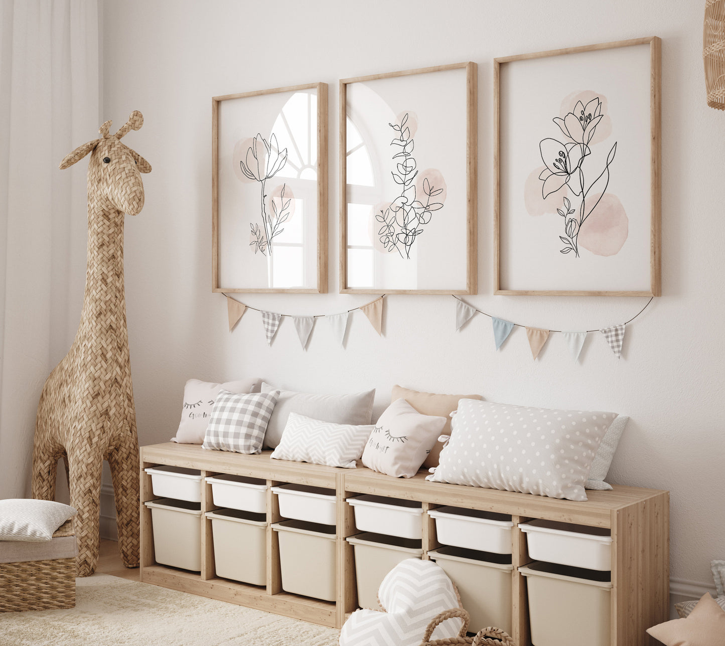 Neutral blush floral line drawing set of three prints
