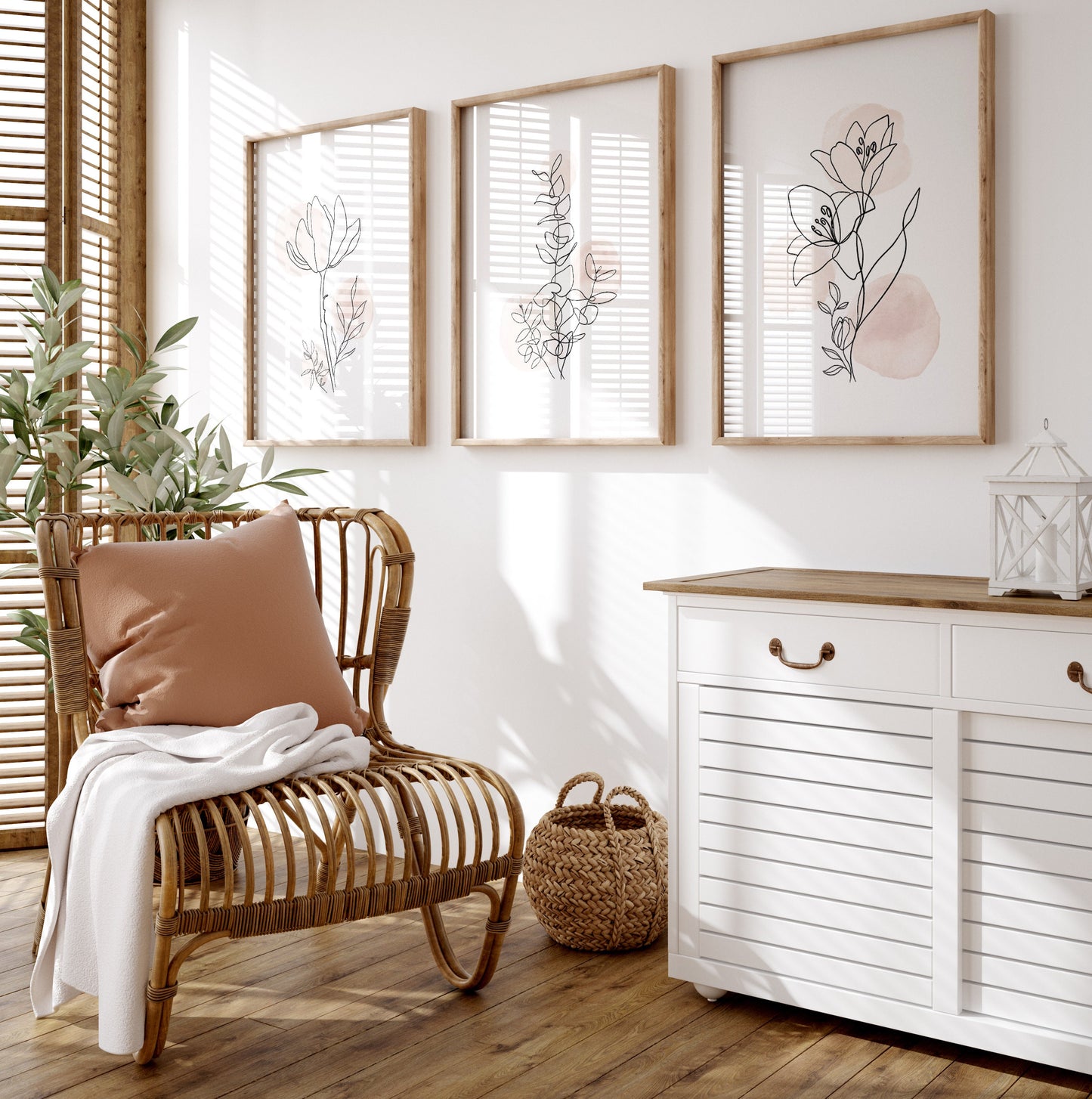 Abstract botanical line art with soft blush tones for living room