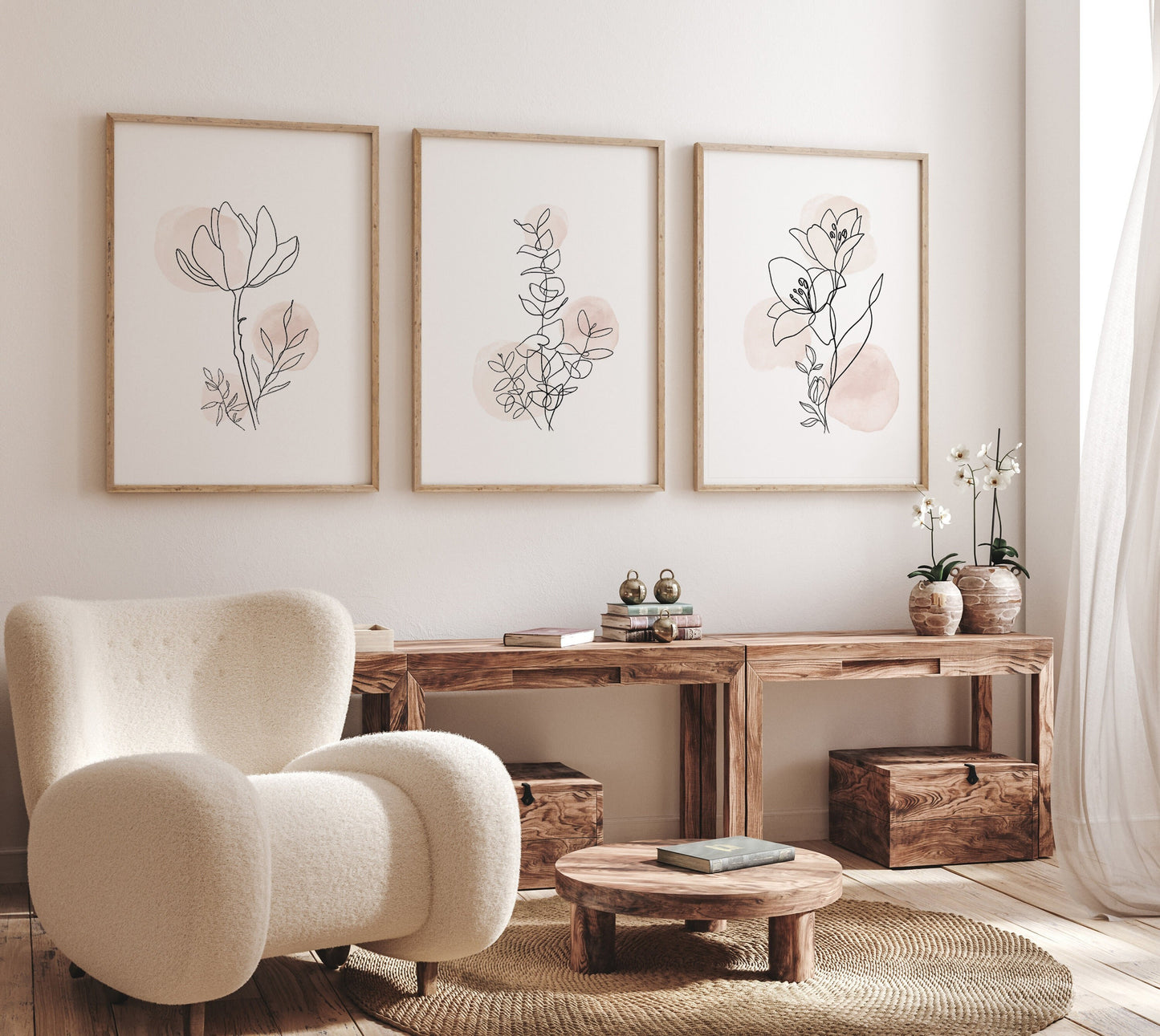 Modern bedroom wall decor featuring blush botanical line art