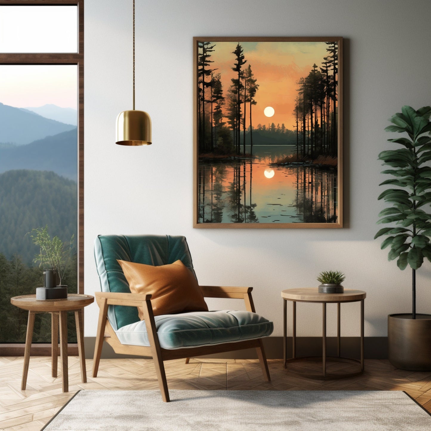 Nature art print in warm browns and greens for cozy interiors