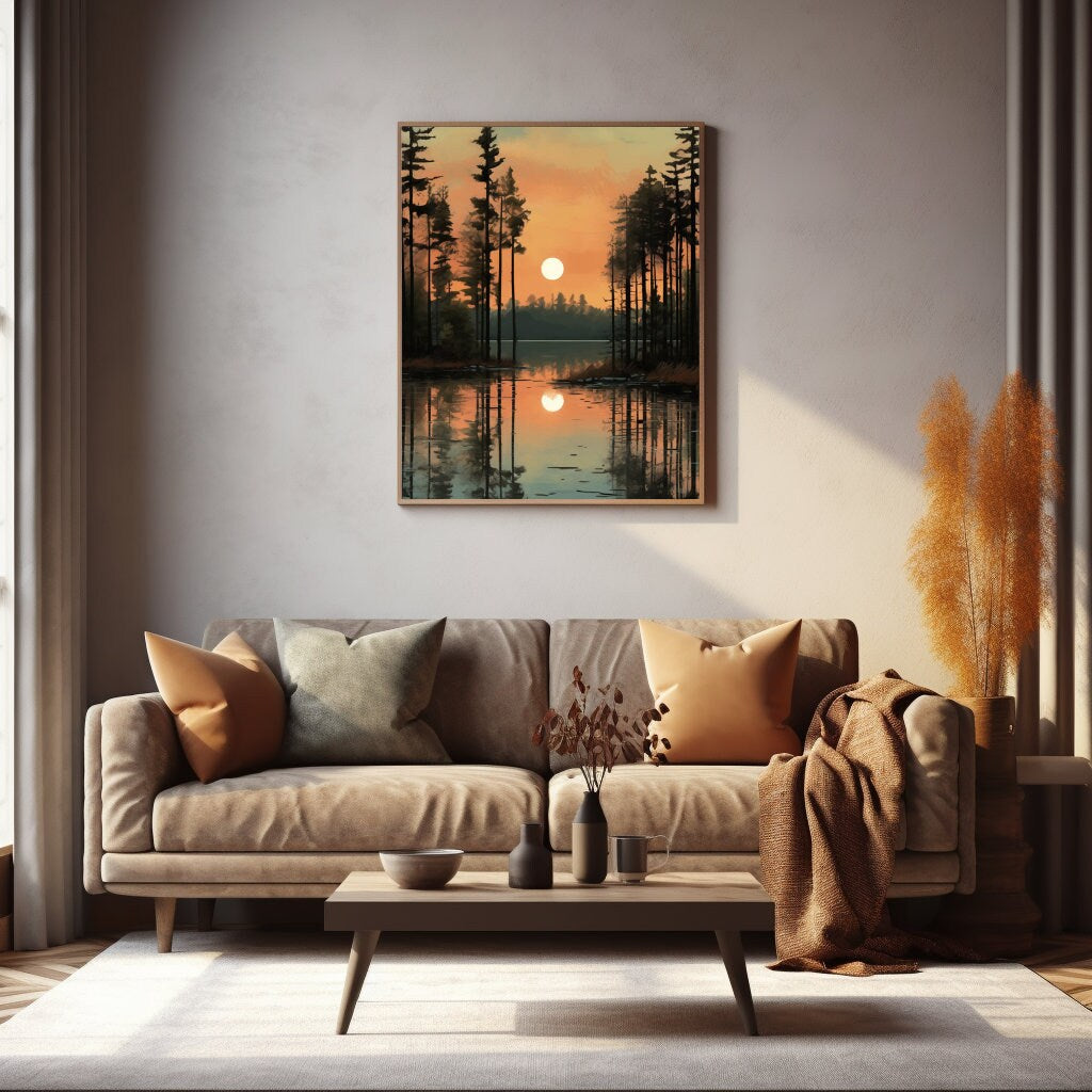 Soft pine forest artwork with lake reflections for relaxing spaces