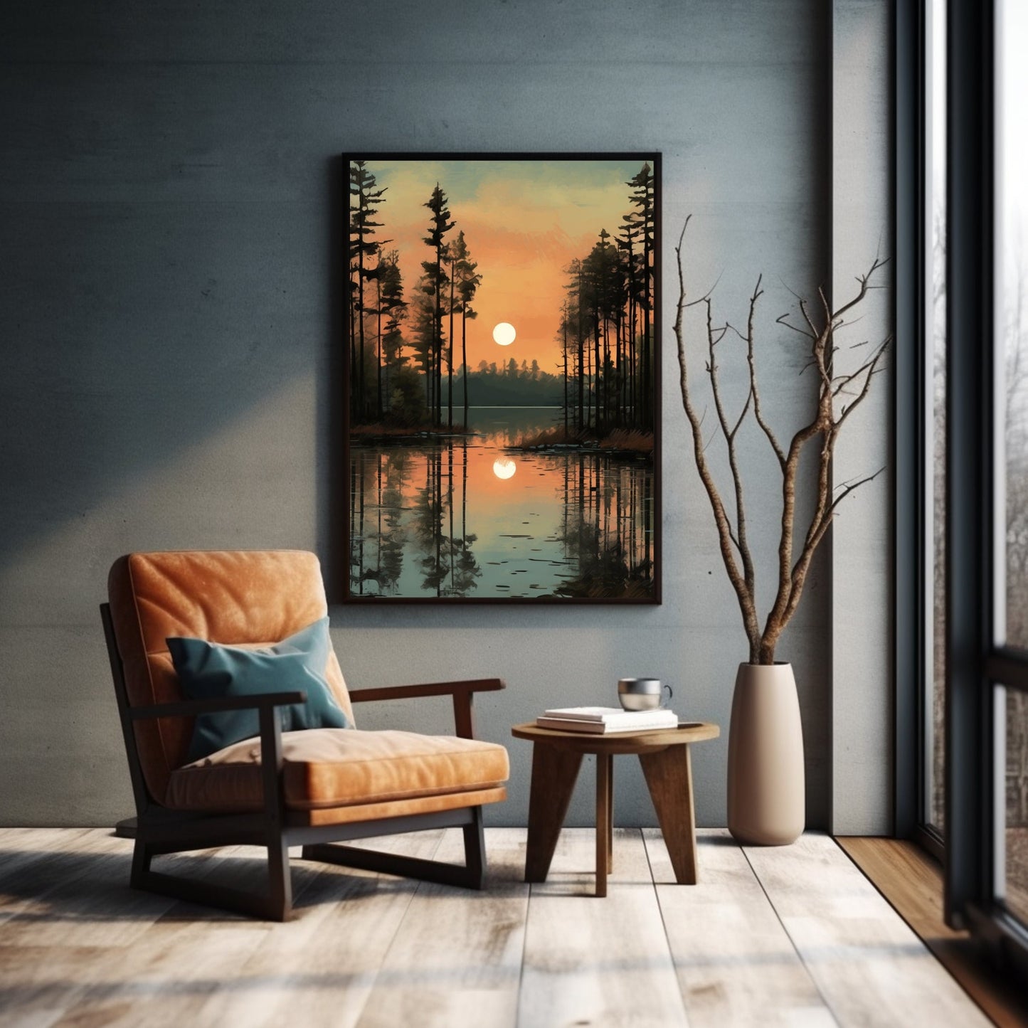 Earth-toned nature wall decor featuring a serene lake scene