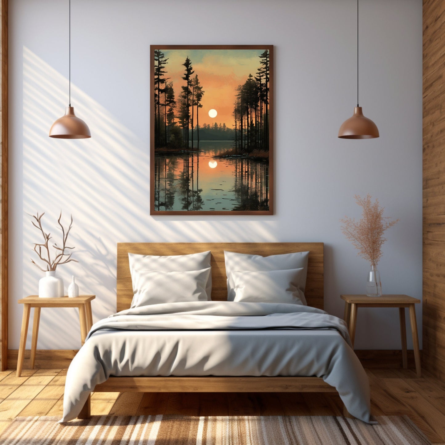 Serene woodland lake landscape wall art suitable for living rooms