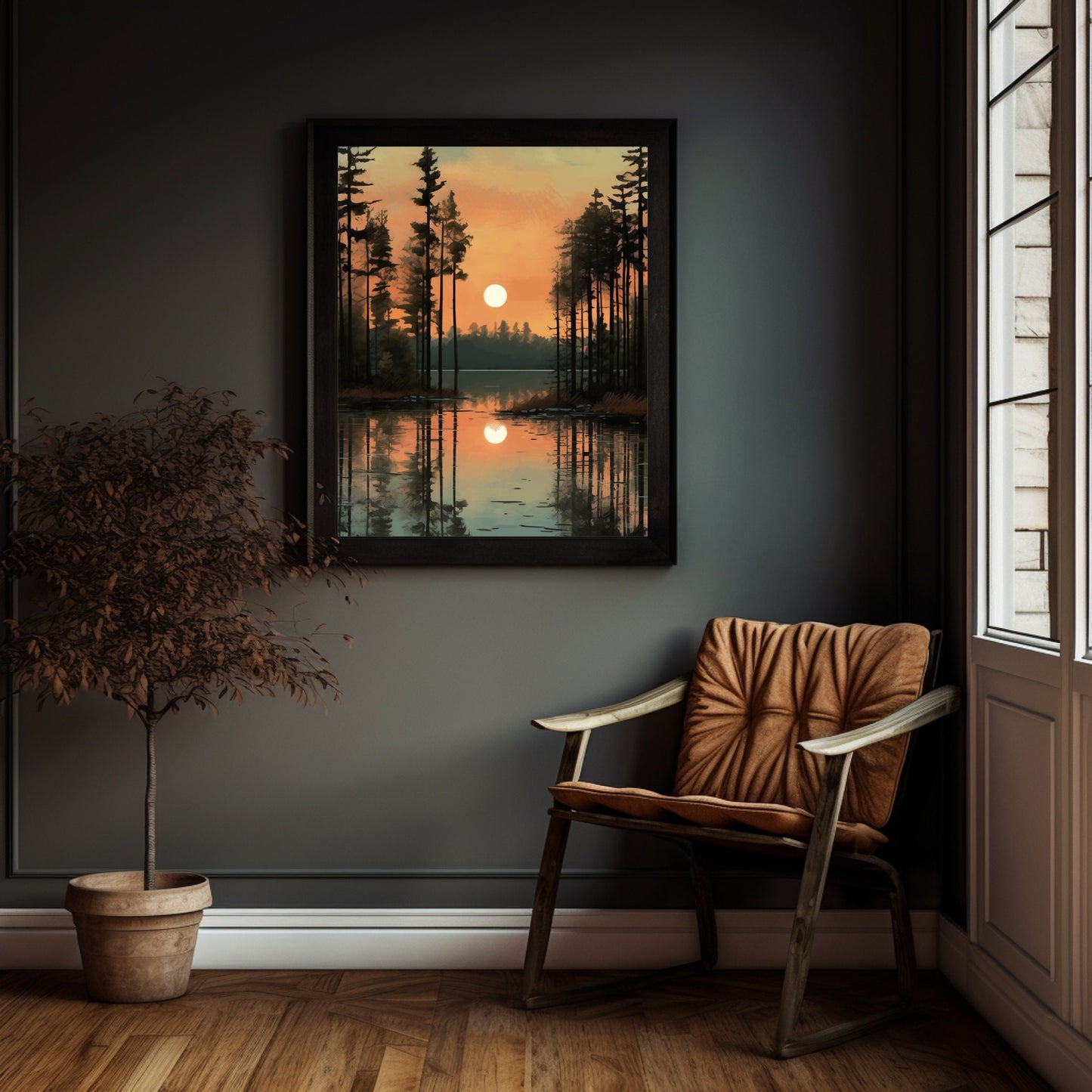 Rustic pine trees landscape print with calm waters