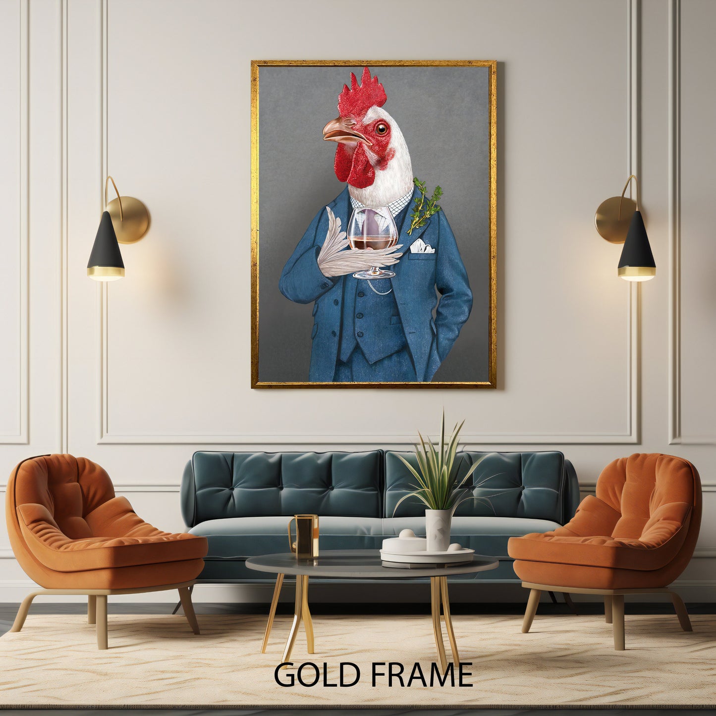 Close-up of costume details on the rooster in the artwork