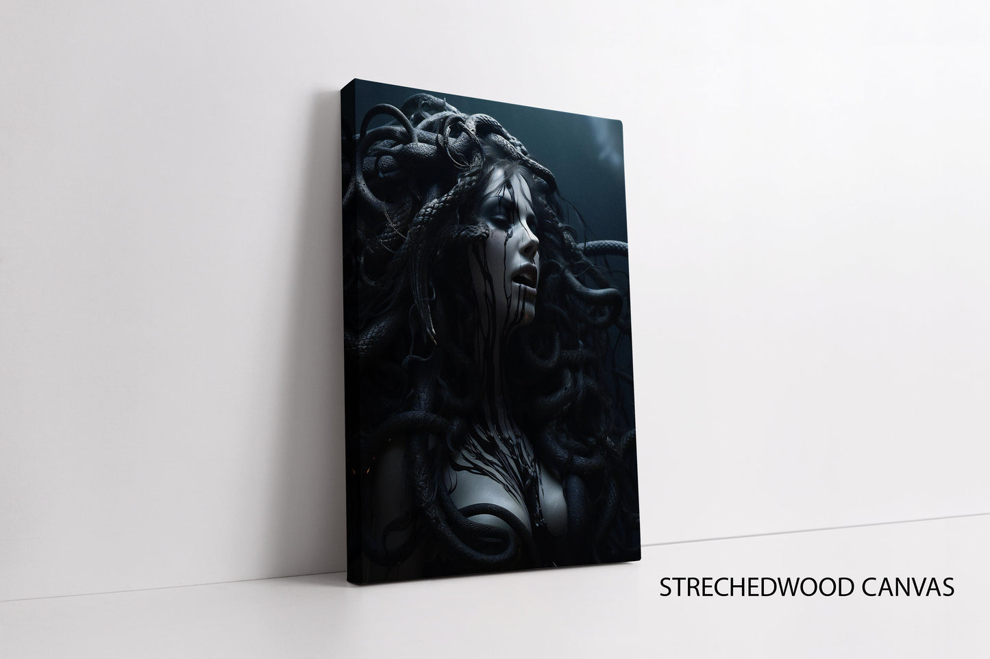 Abstract Greek mythology canvas art featuring Medusa and serpents