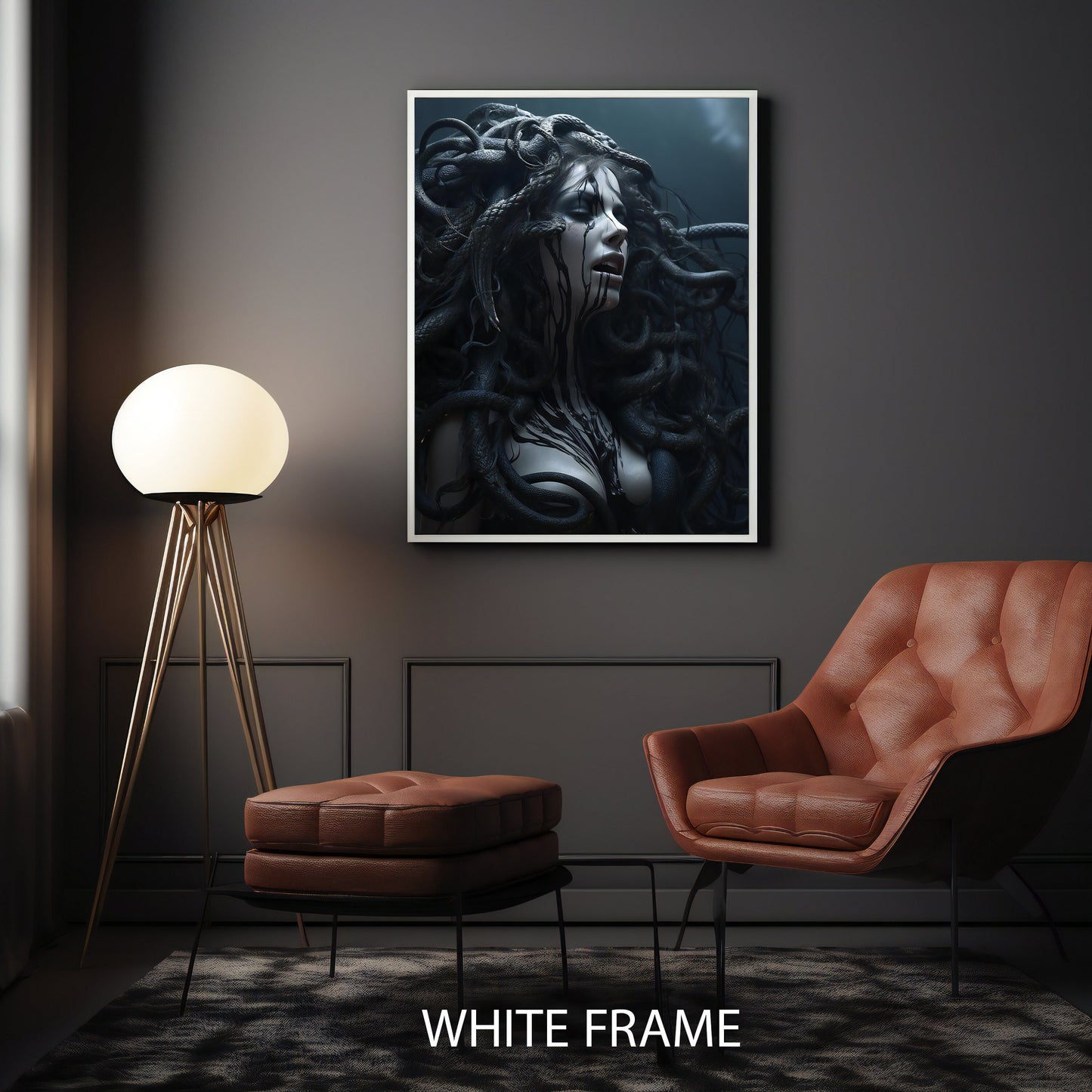 Serpent motif Medusa artwork on modern framed canvas