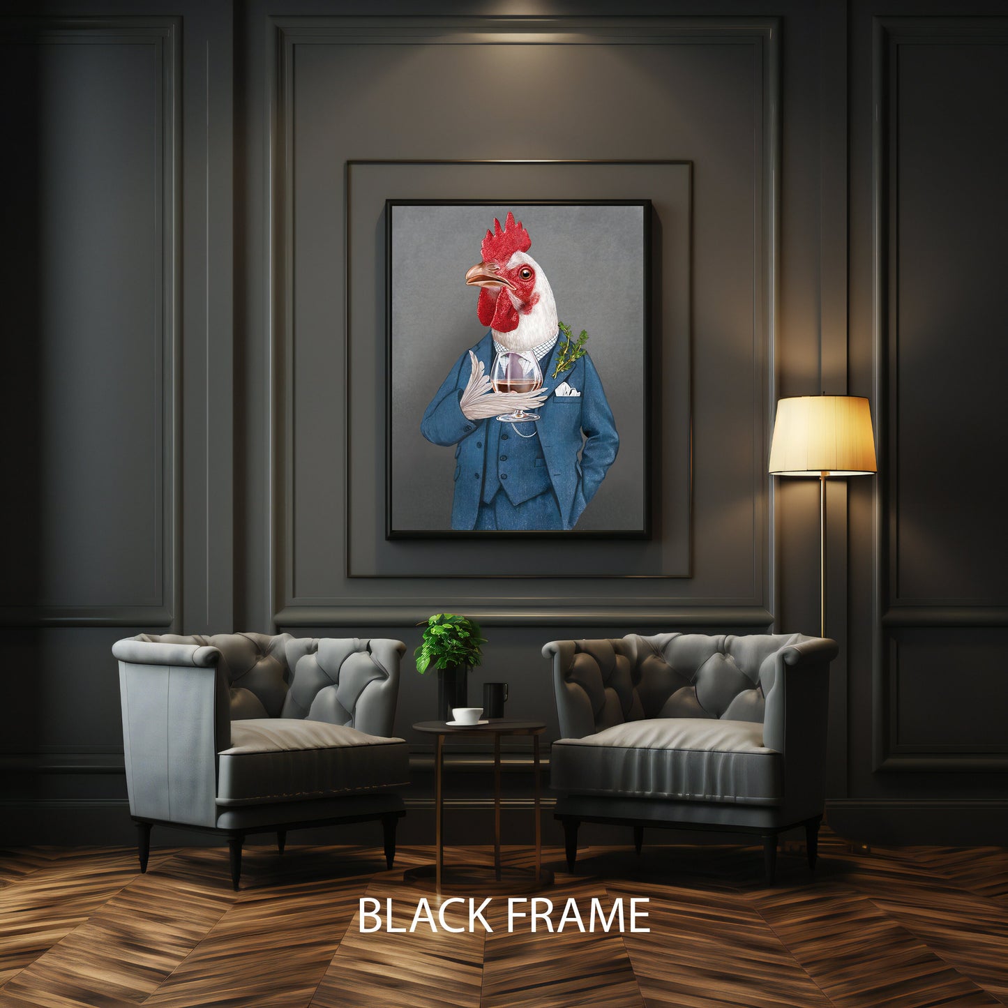 Living room setup featuring Cockerel canvas print