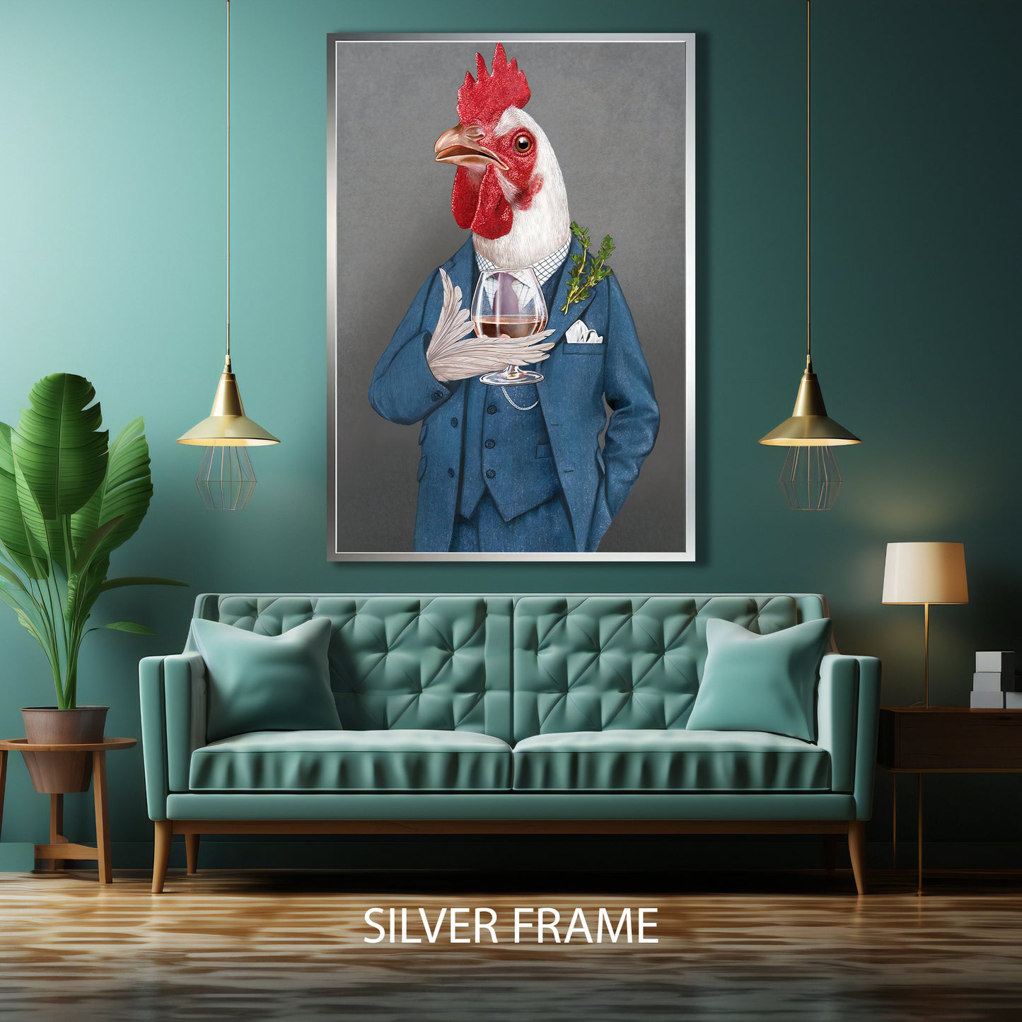 Playful rooster character in vibrant animal artwork
