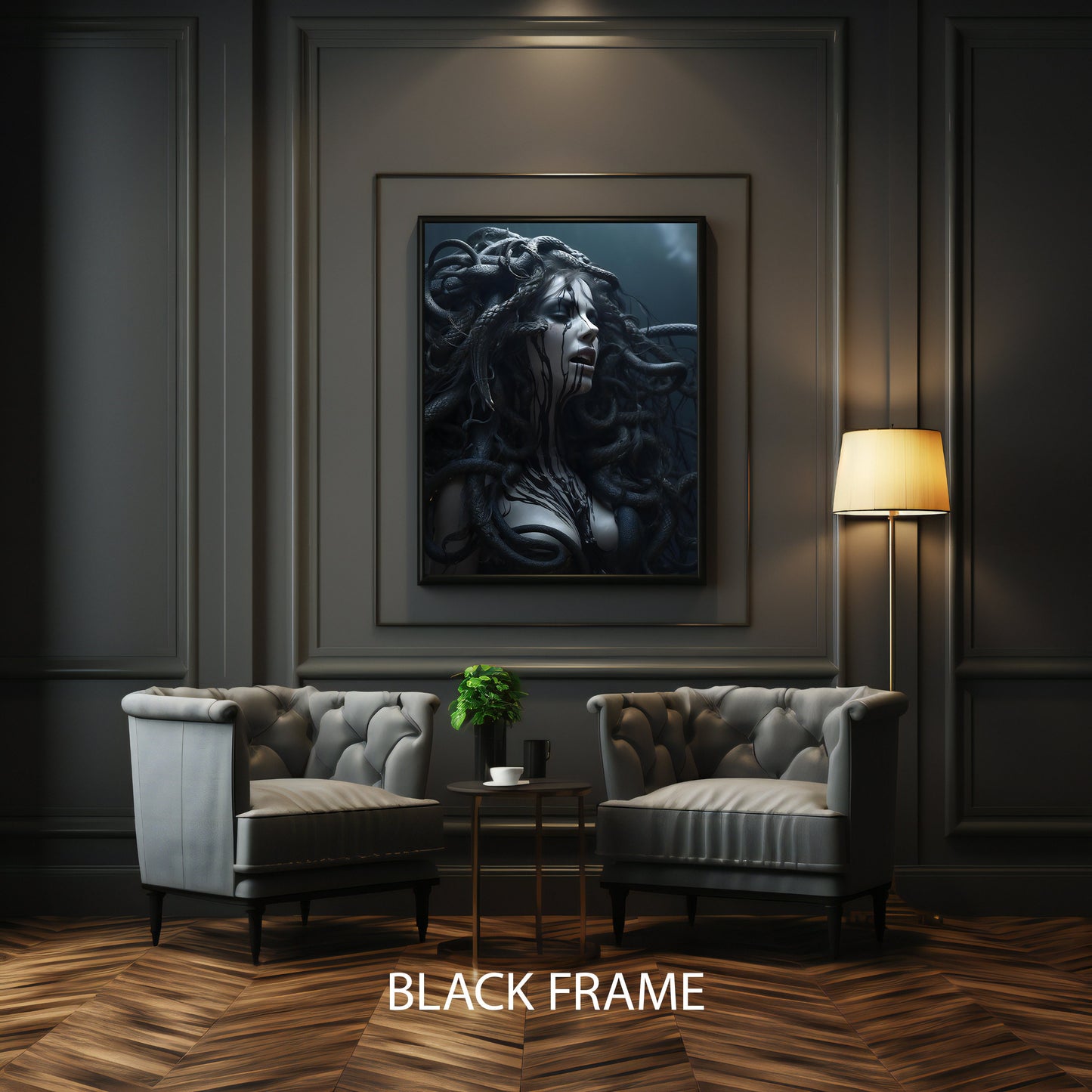 Living room decor with Medusa mythological canvas wall art