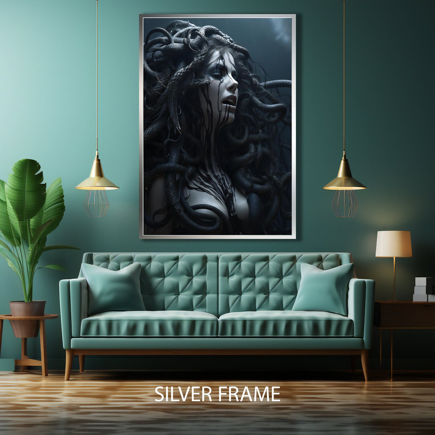 Framed Medusa-inspired canvas wall art with serpent details