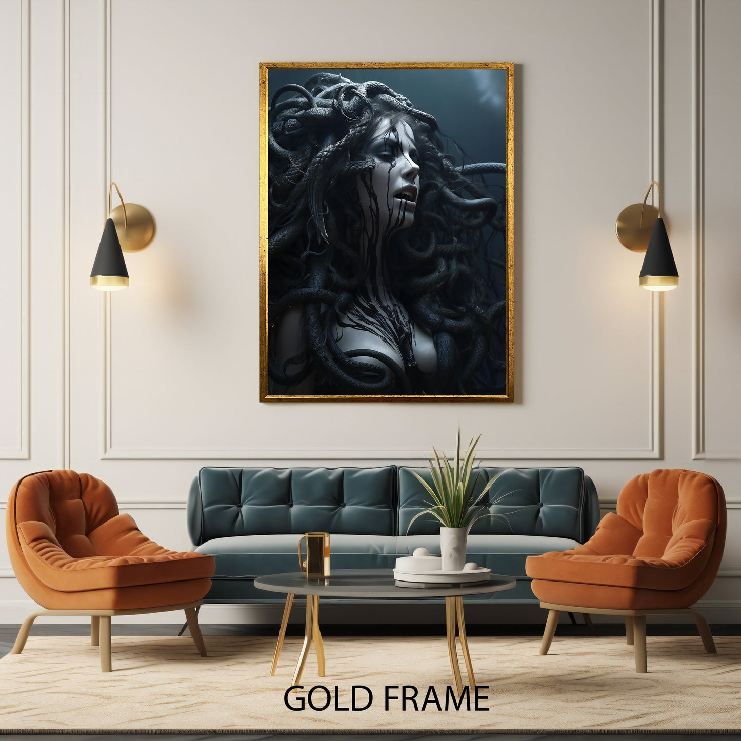 Close-up of Medusa serpent motif on framed wall art
