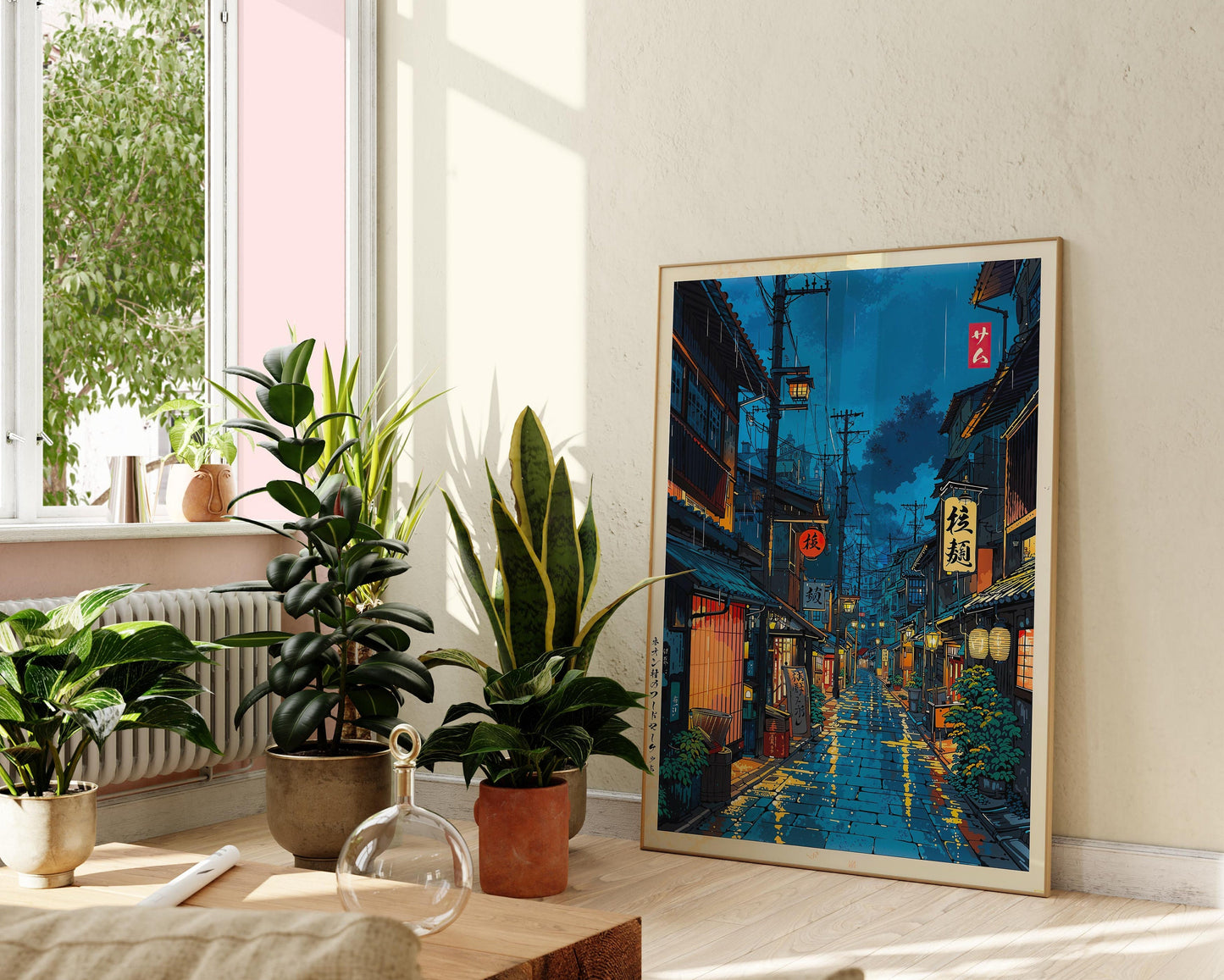 Lively city cafe scene with bold lines and warm colors