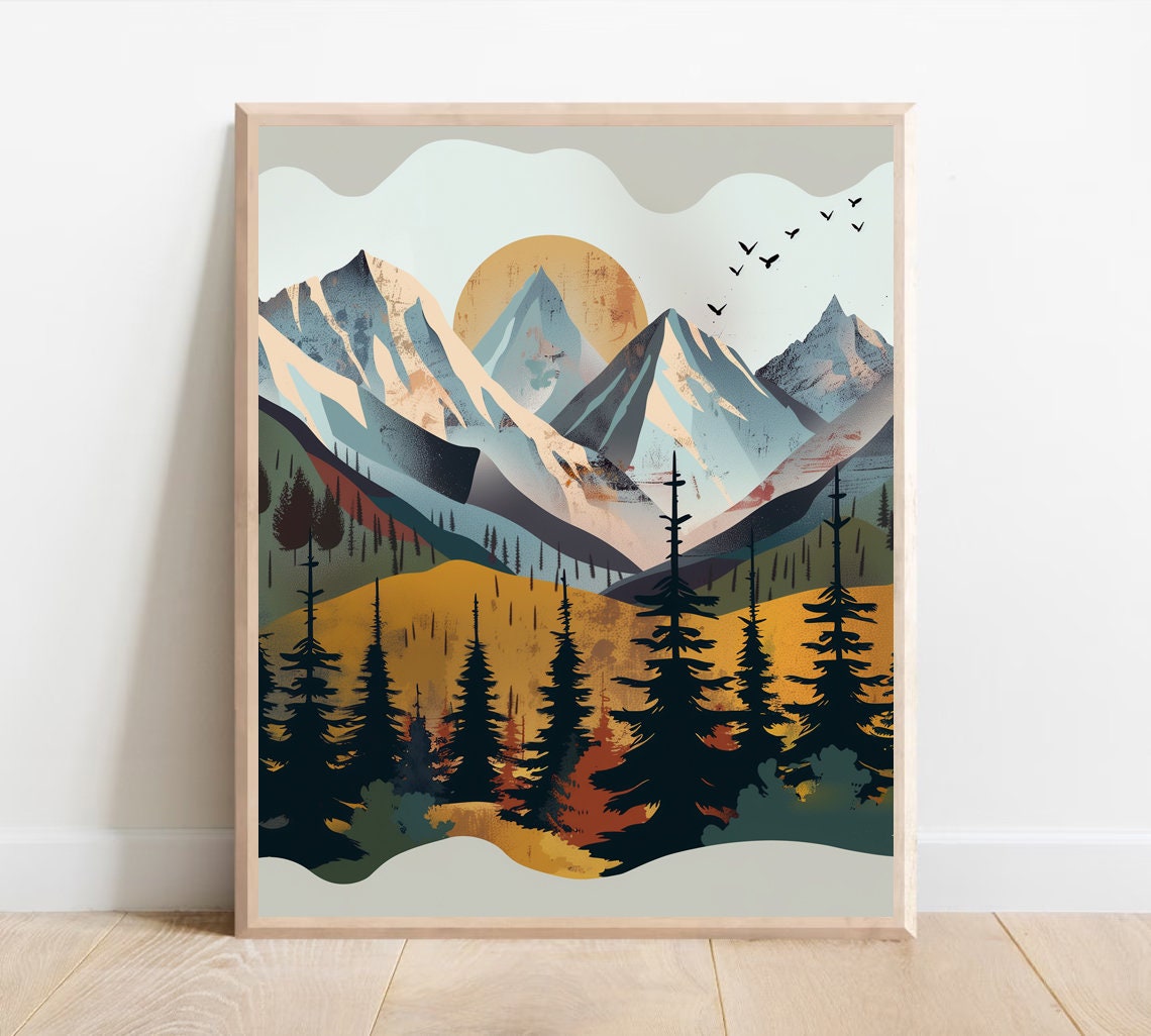 Kids room wall art with mountains and trees