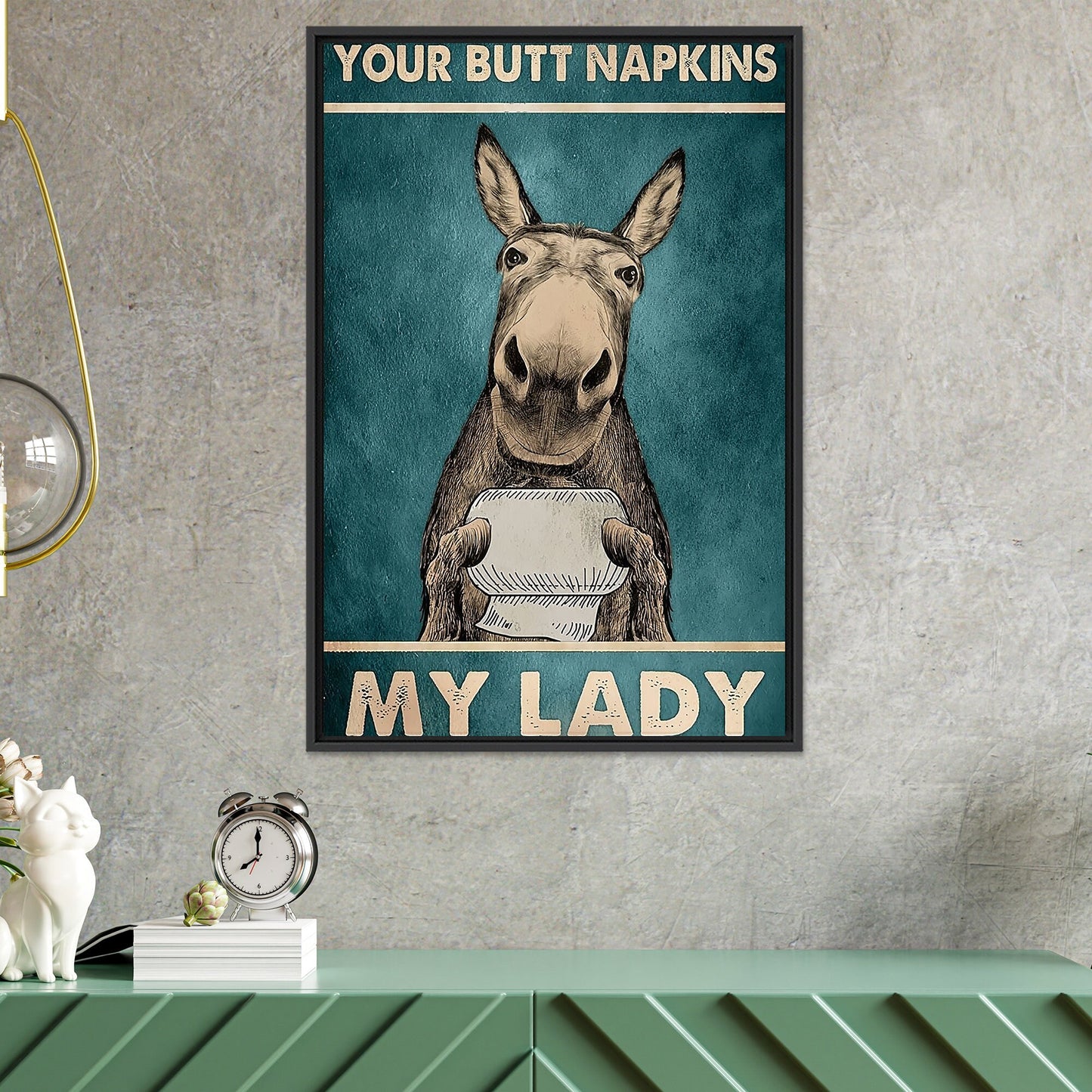 Bathroom wall decor featuring donkey art