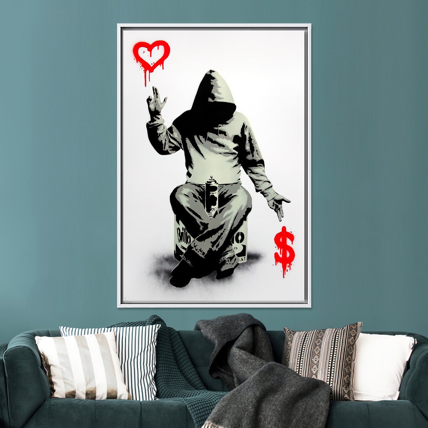 Banksy inspired wall art with bold colors and street art style - close-up