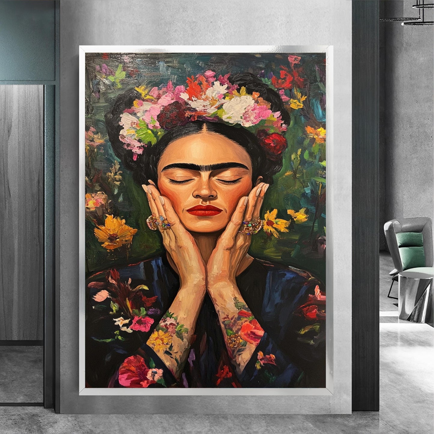 Living room display: Frida Kahlo-inspired floral portrait wall art
