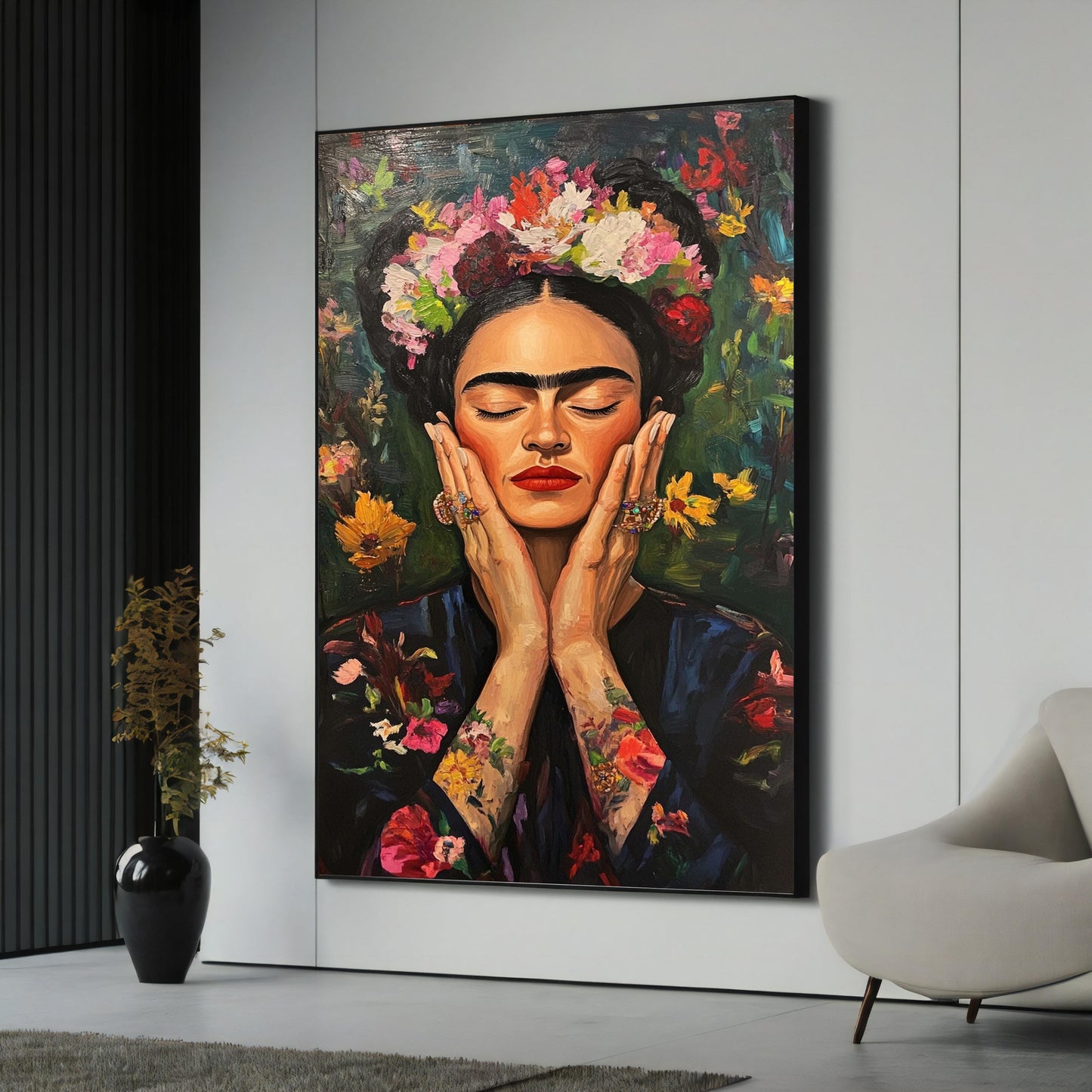 Frida Kahlo-inspired floral portrait on canvas - full view