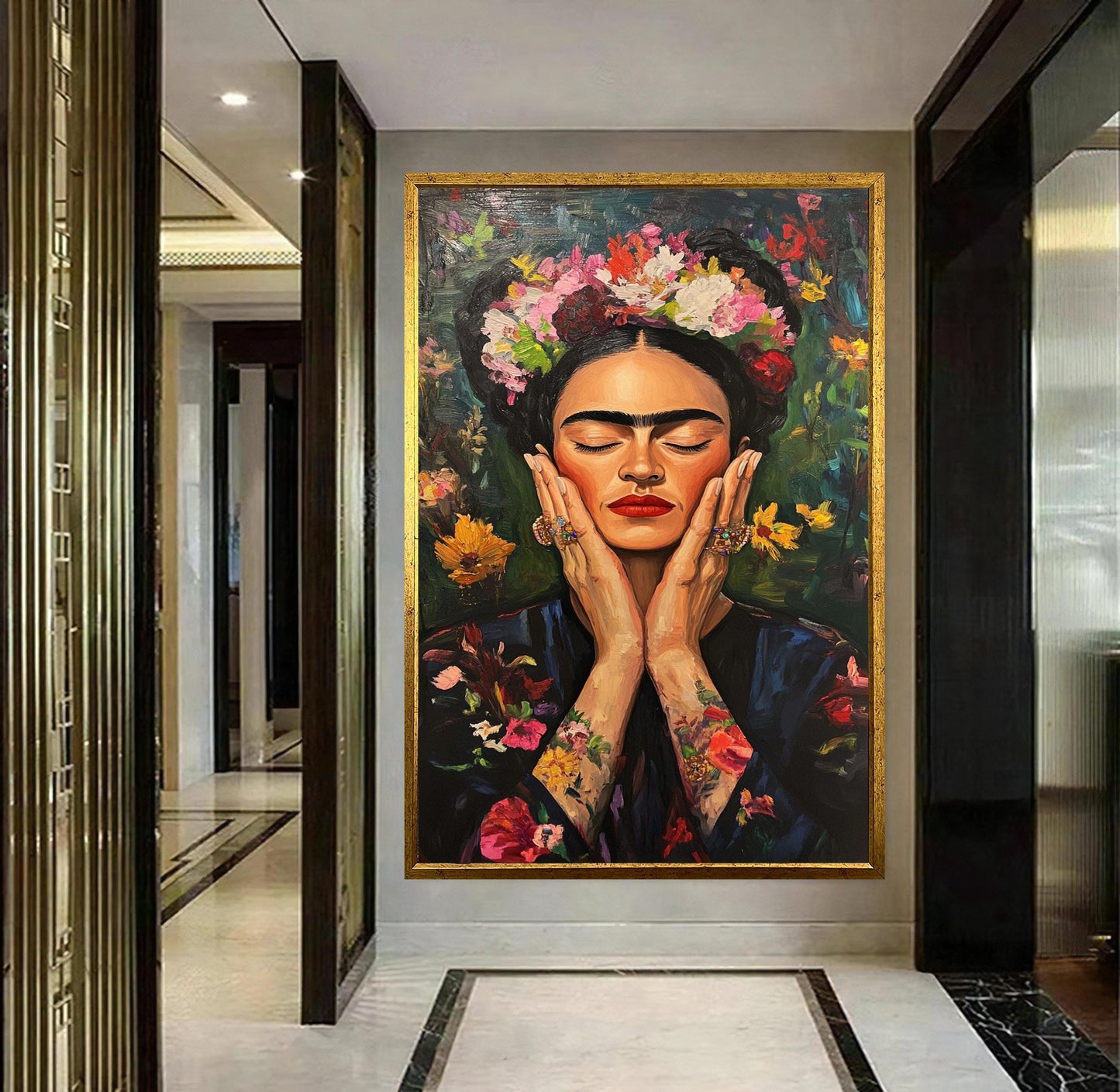 Vibrant floral details framing Frida Kahlo-inspired portrait on canvas