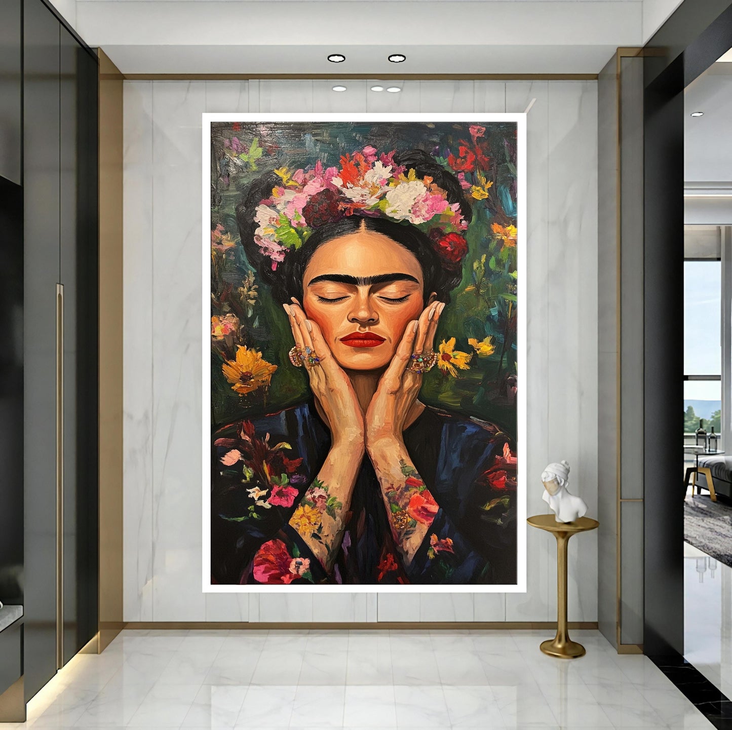 Gallery-wrapped Frida Kahlo floral portrait canvas ready to hang