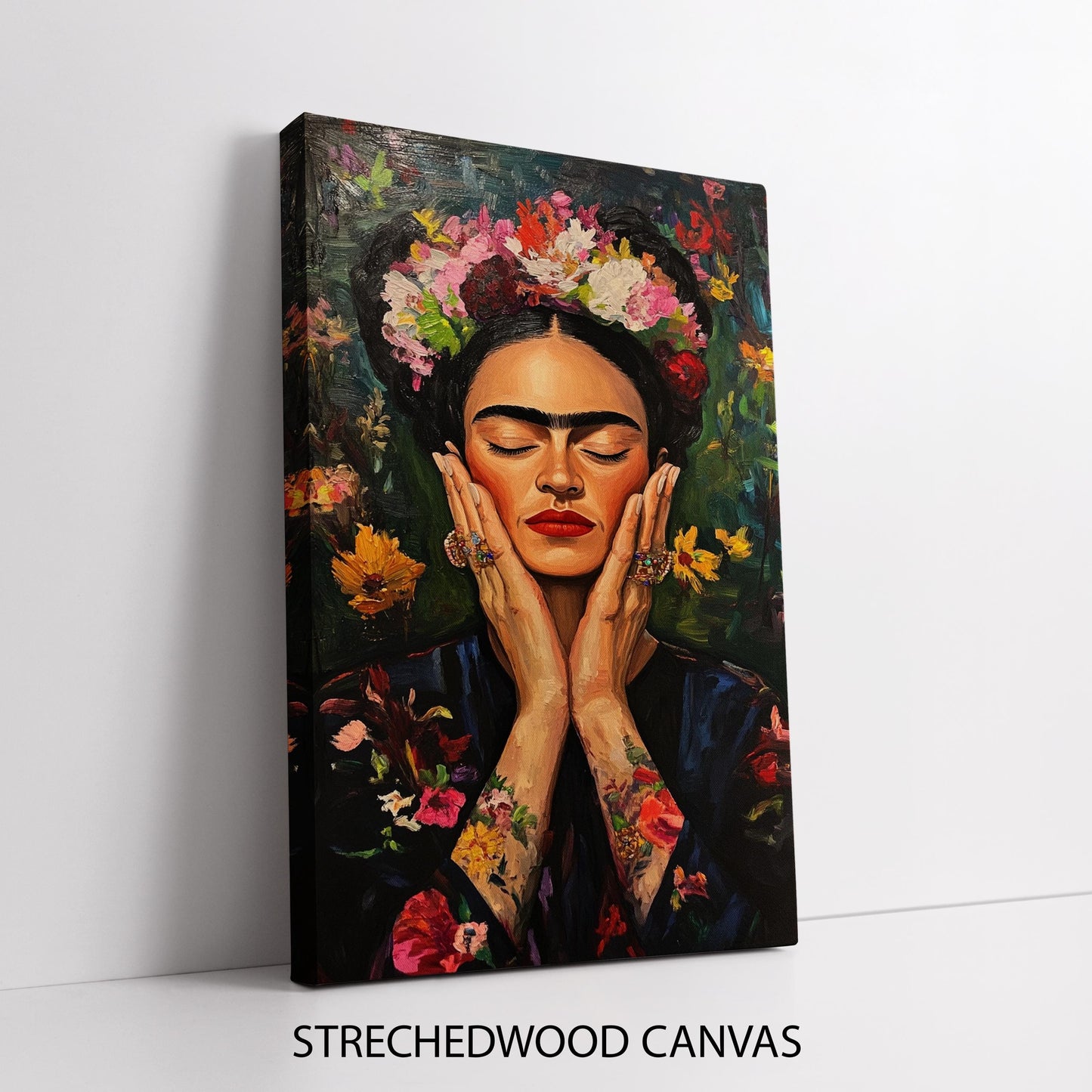 Close-up of bold colors in Frida Kahlo-inspired floral portrait canvas