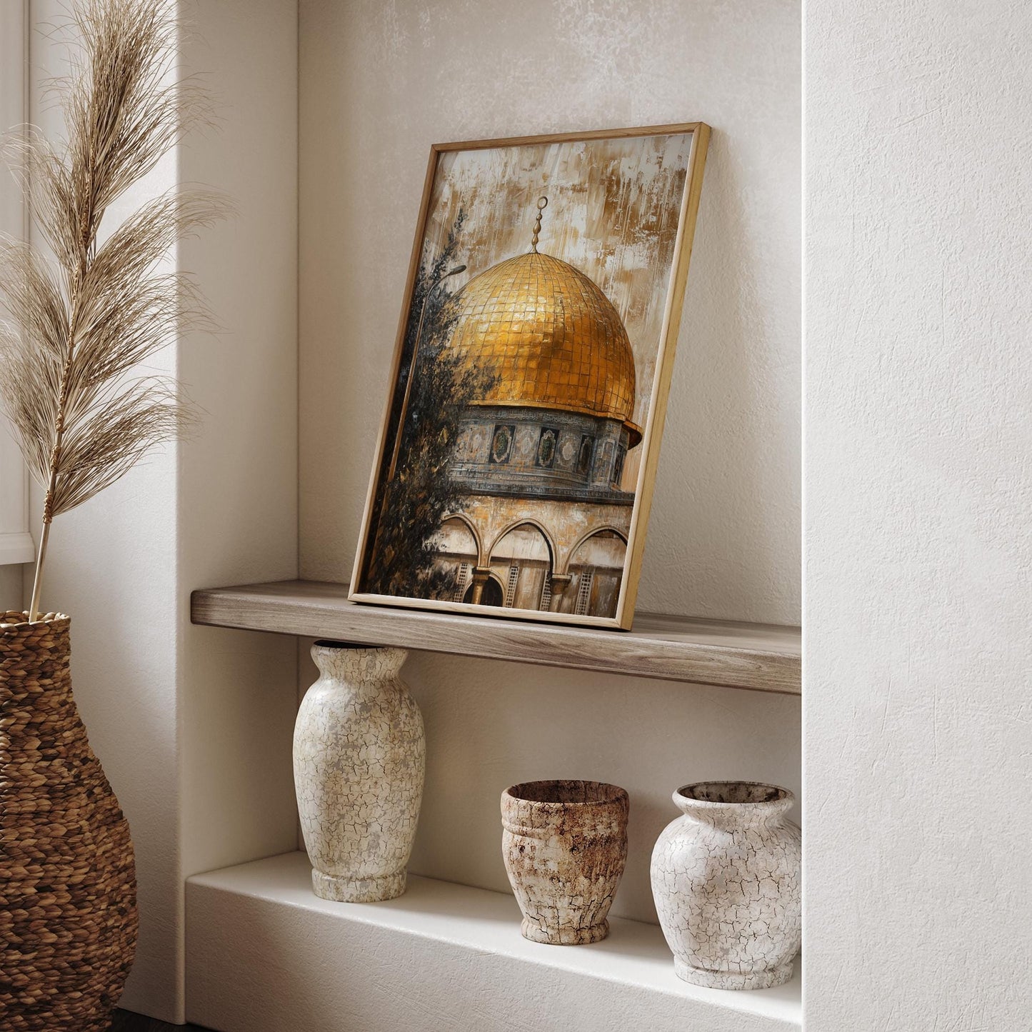 Warm-toned abstract geometric Dome of the Rock artwork