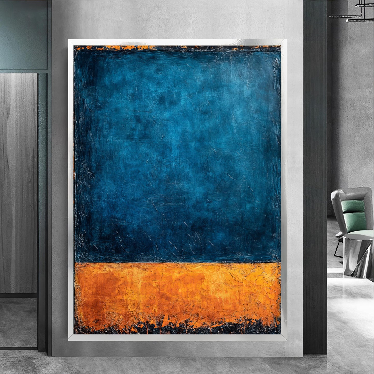 Close-up detail of blue and orange color fields on canvas