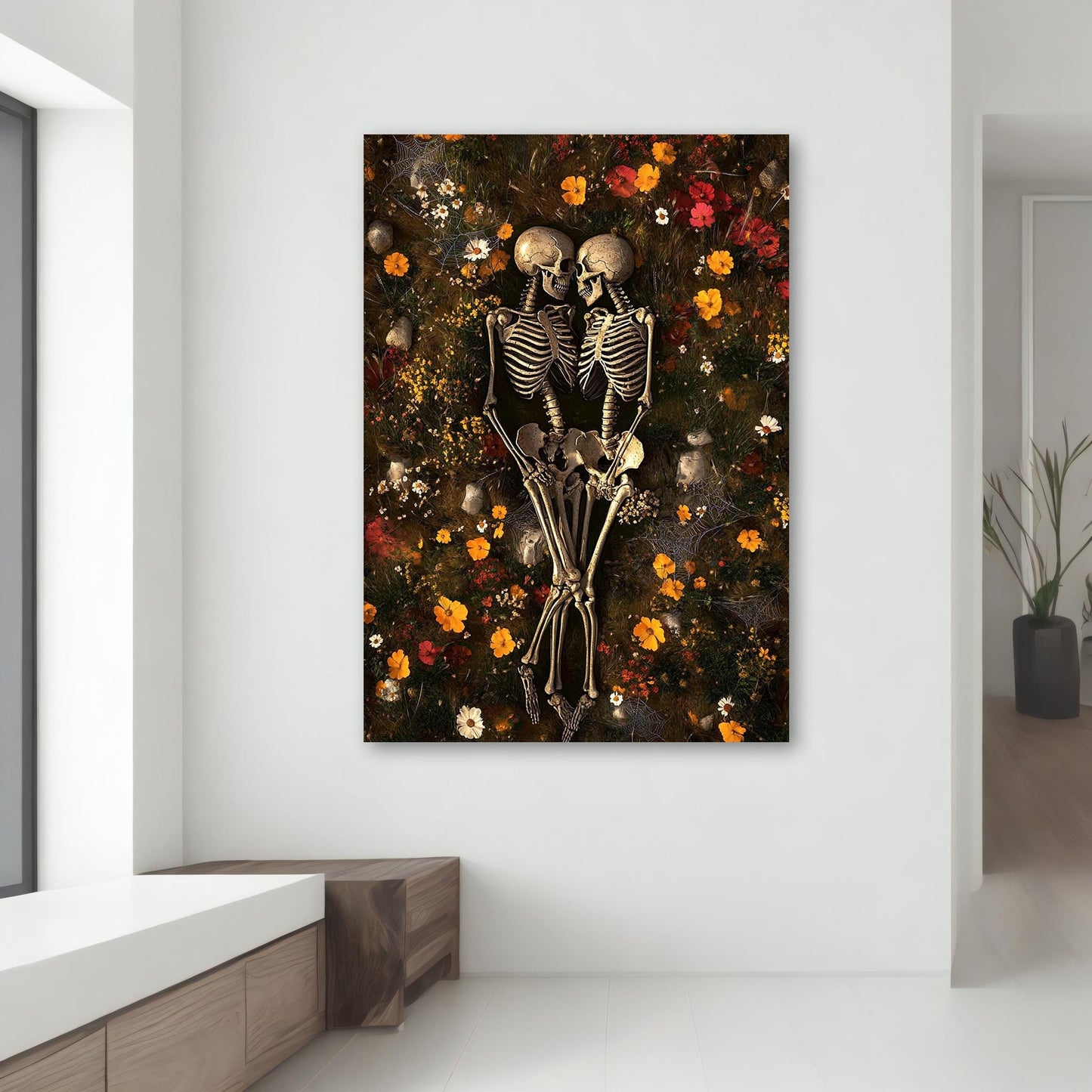 Valentine's Day themed skeleton canvas art for wall