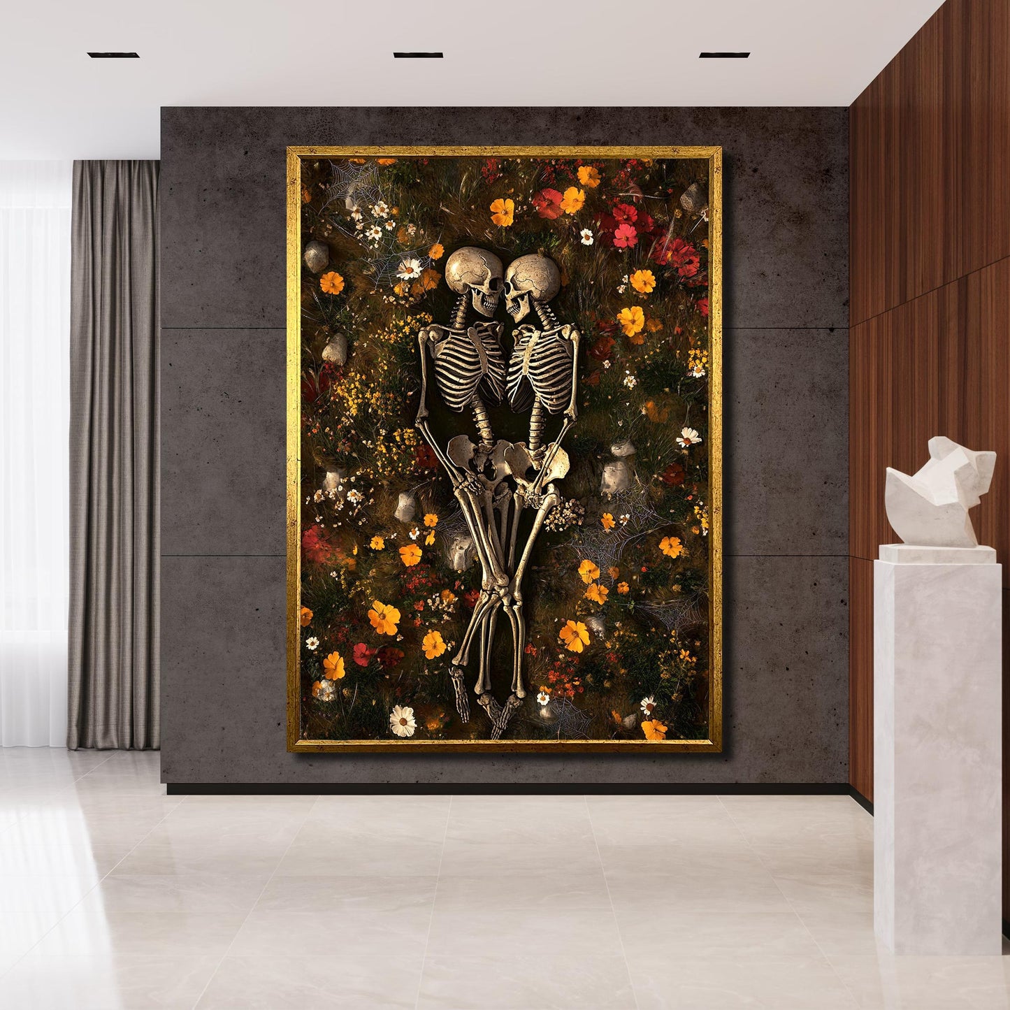 Ready-to-hang canvas wall art with floral skeleton design