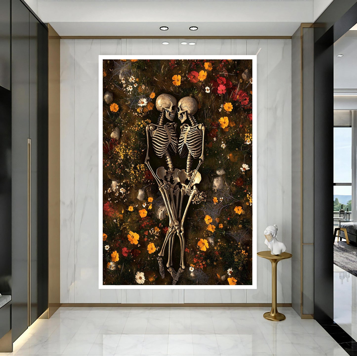 Romantic gothic wall decor featuring skeleton couple