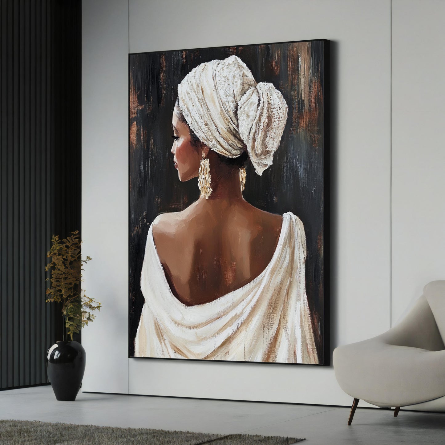 Framed canvas painting of an elegant woman, close-up portrait