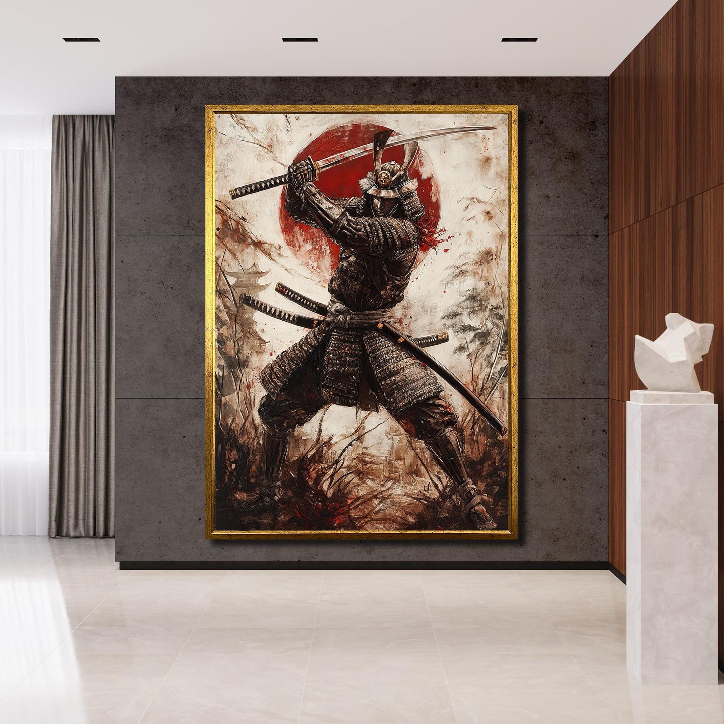 Home office wall decor featuring samurai artwork