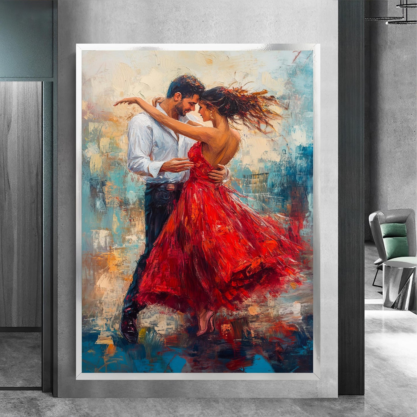 Romantic wall art featuring a couple dancing in red