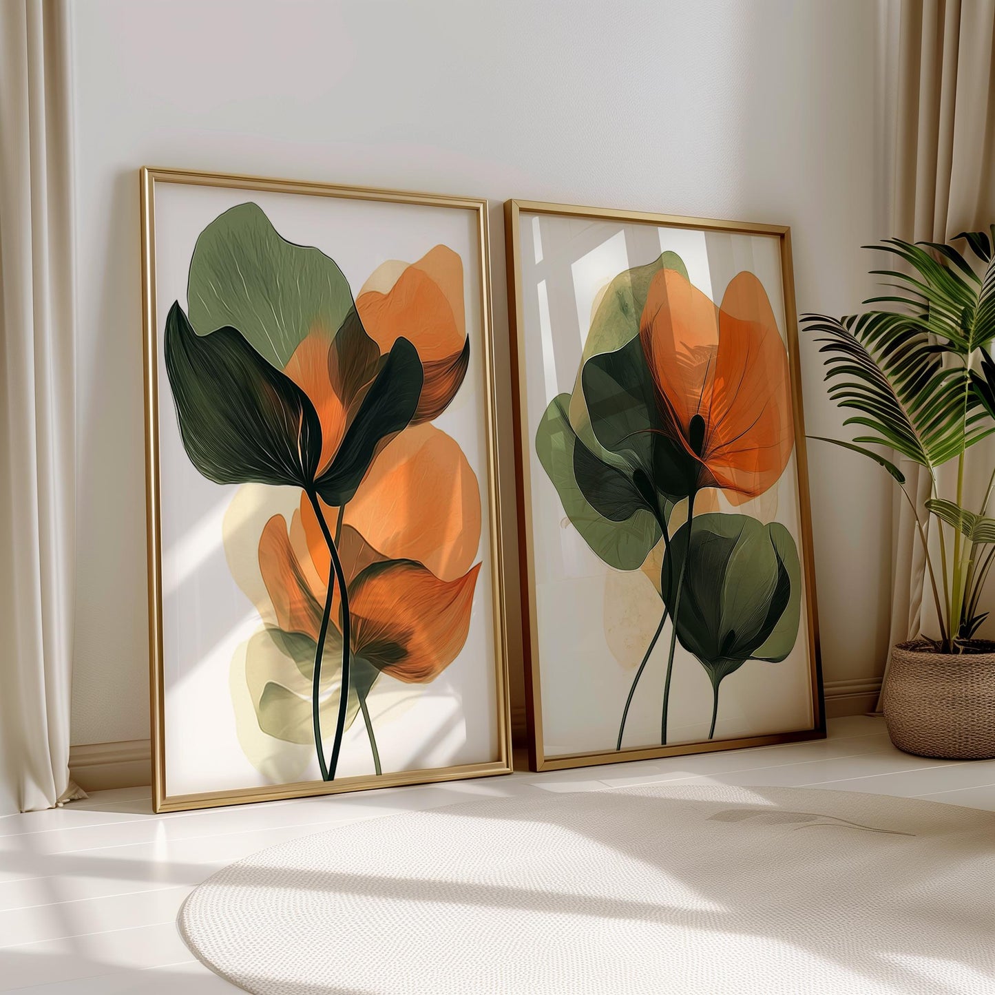 Pair of abstract botanical prints ideal for bedroom and living room walls