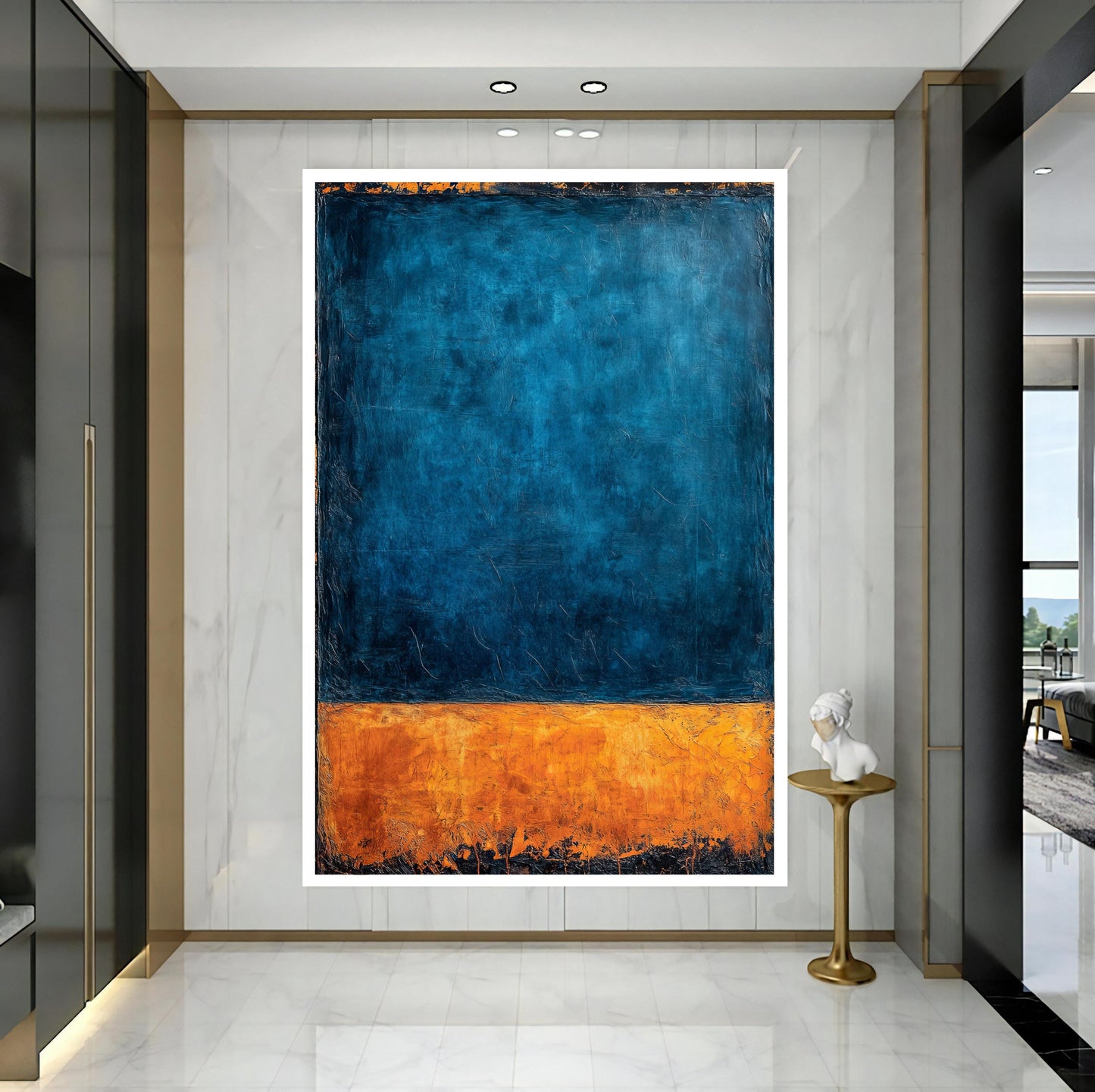 Living room with Rothko inspired abstract wall art as focal point