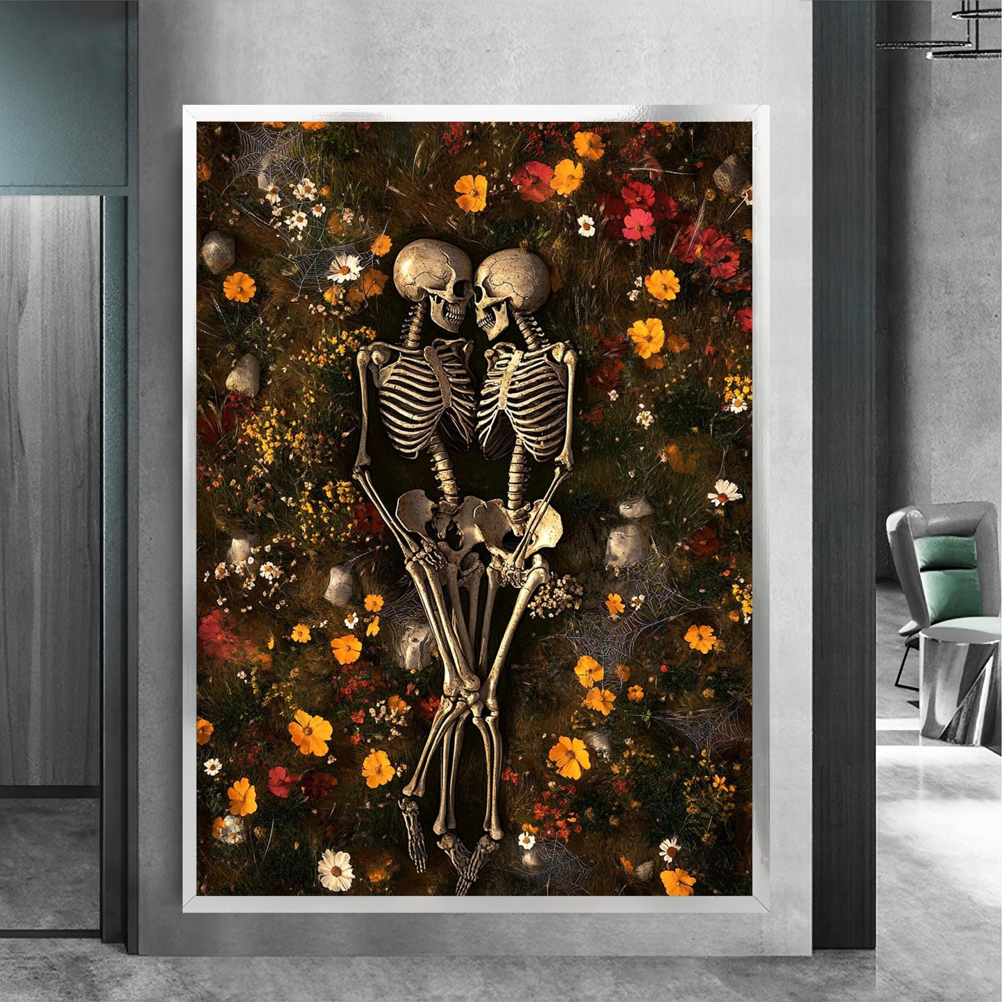 Close-up of floral skeleton art on canvas