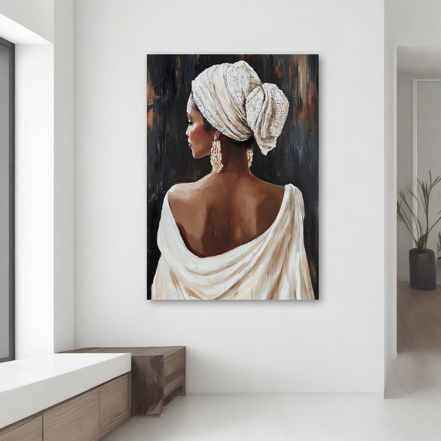 Ready-to-hang framed wall art featuring a graceful woman