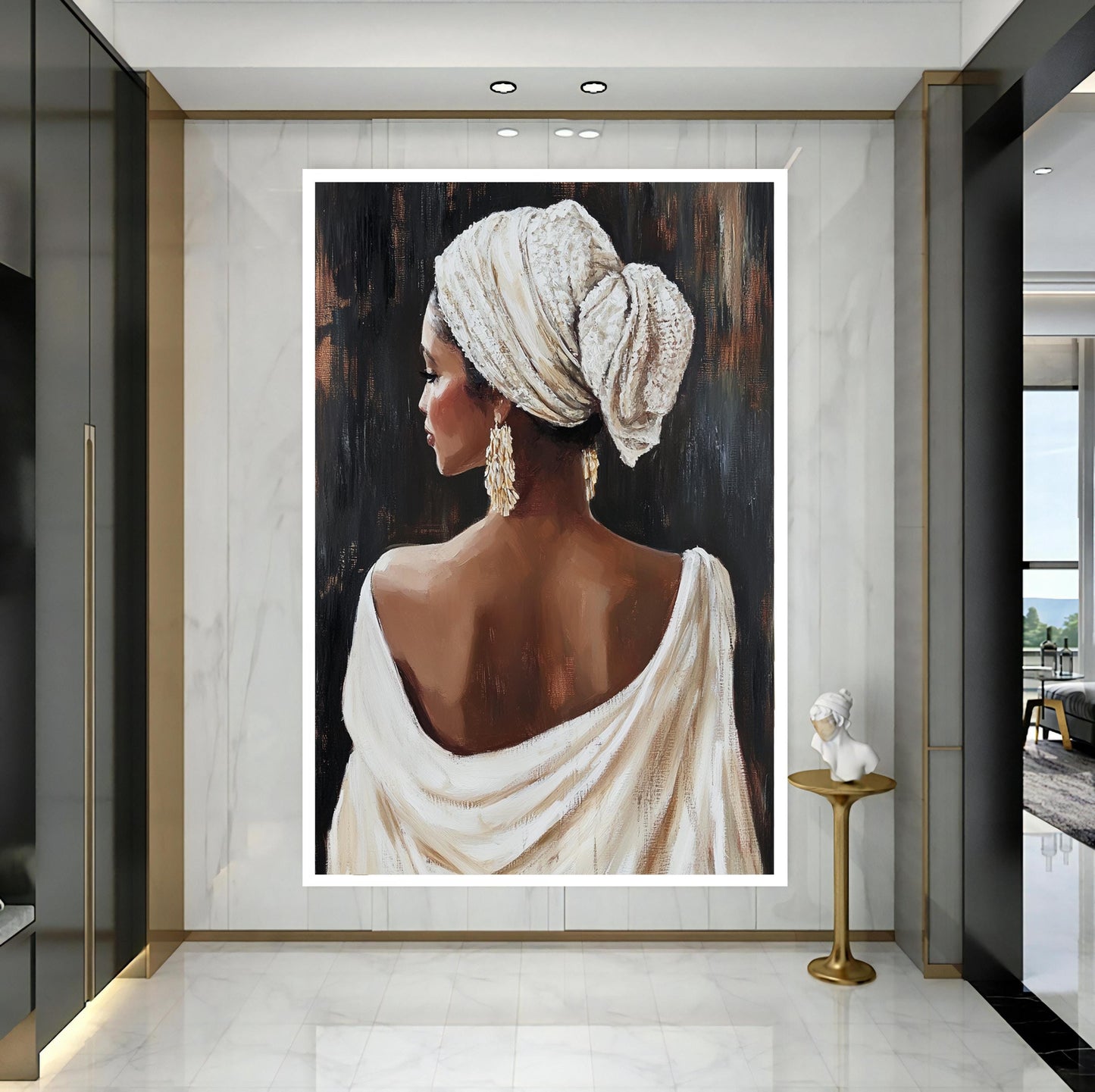 African beauty canvas art displayed in a modern living room