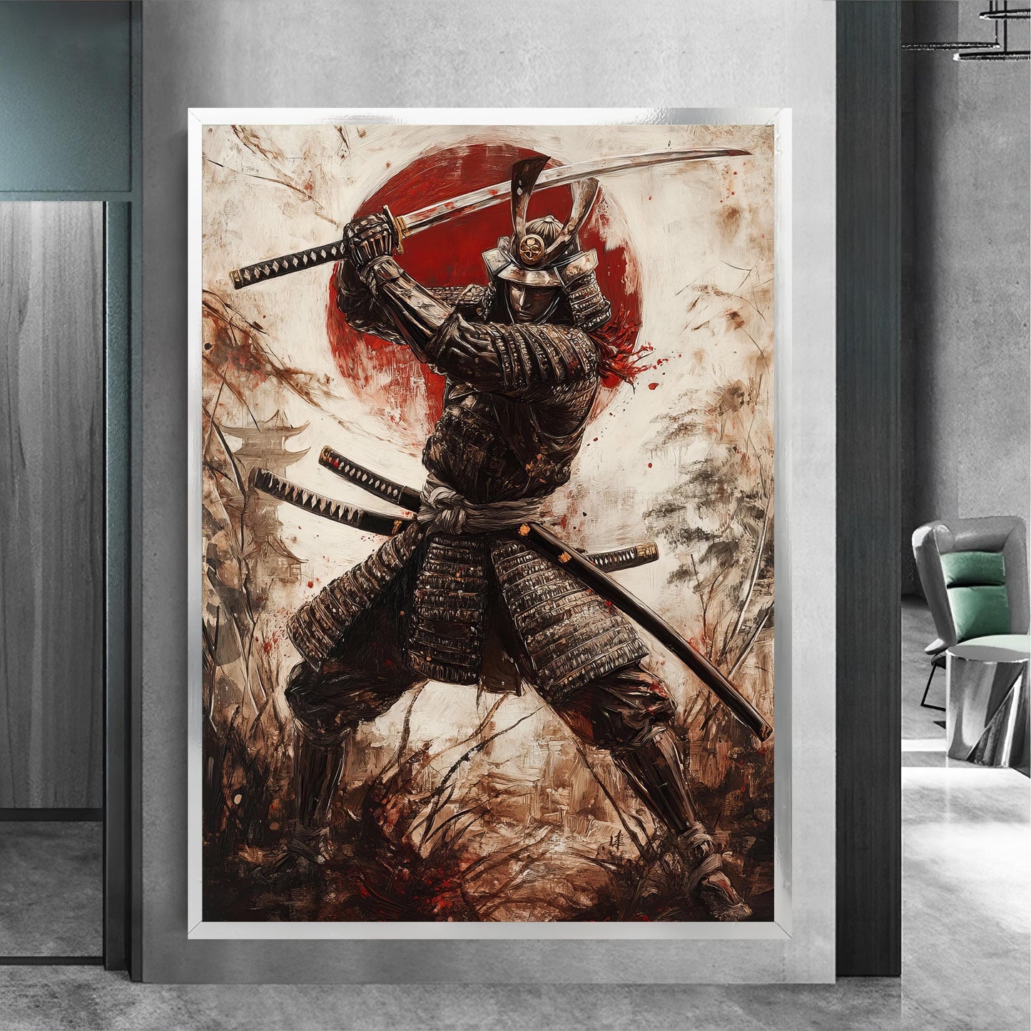 Feudal warrior with sword on canvas