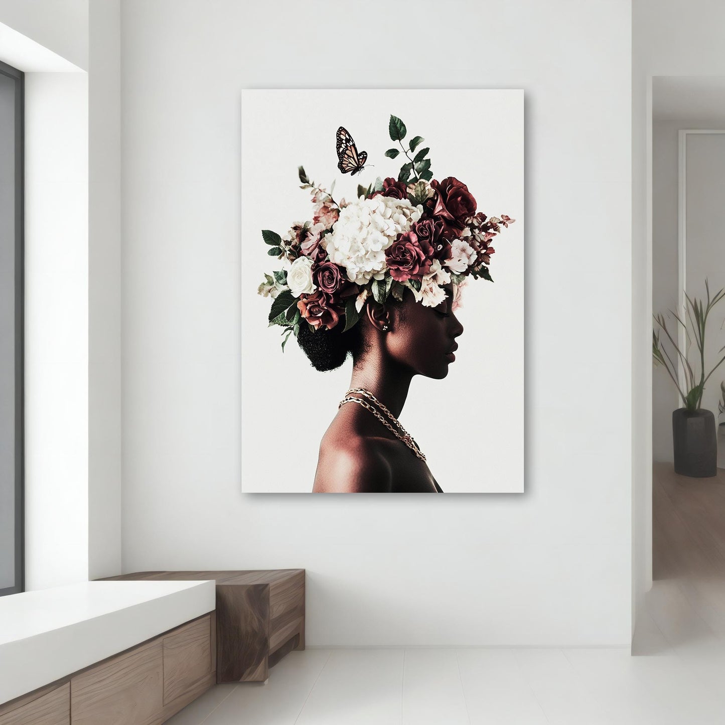 Full view of feminine silhouette canvas wall art in a living room setting
