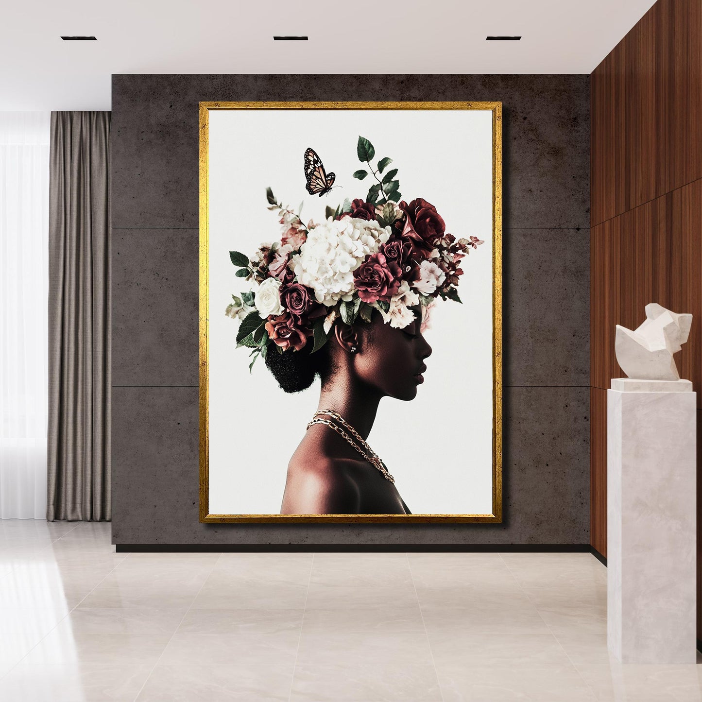 Elegant wall art featuring Black woman floral crown as feminine gift idea