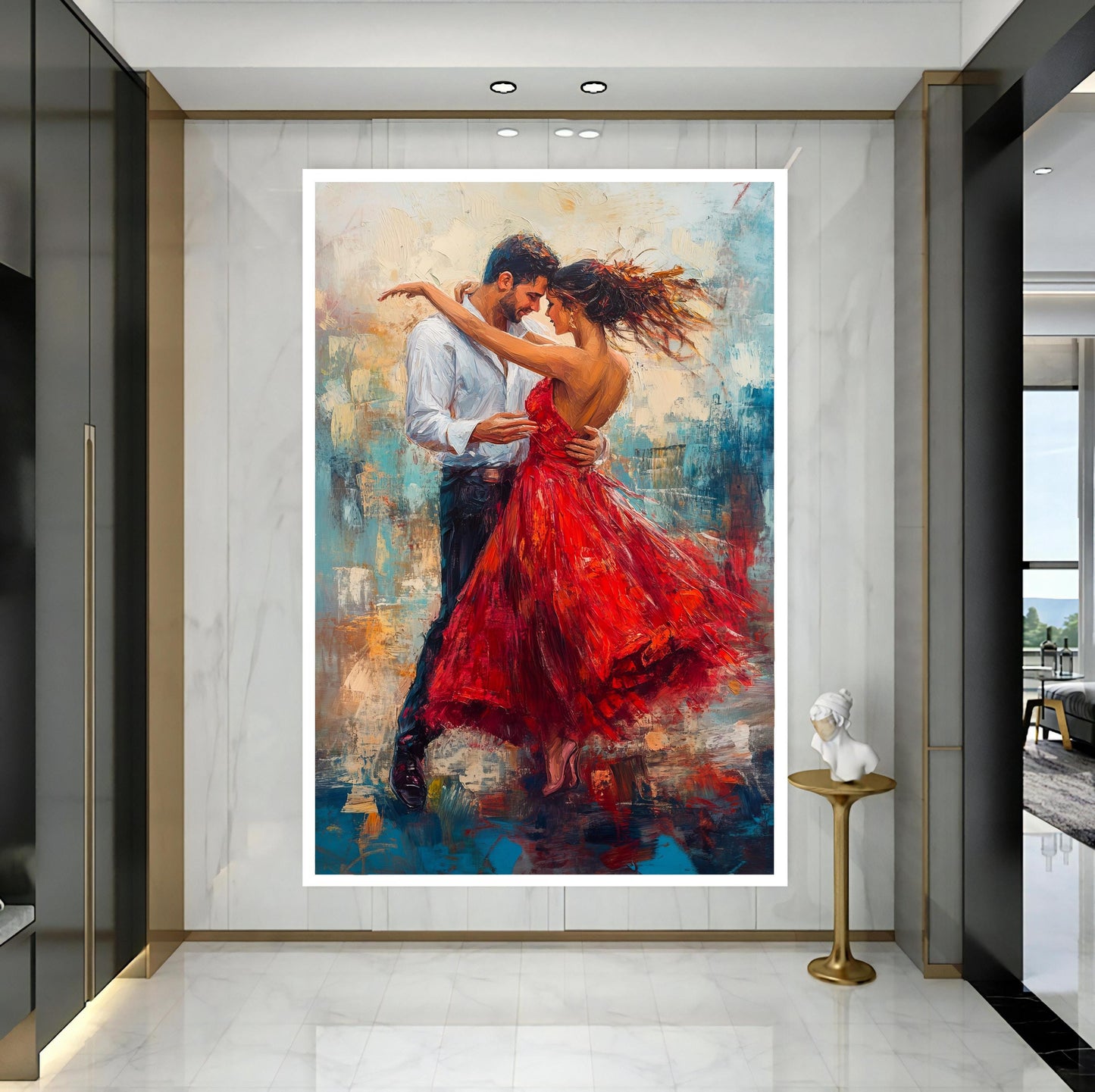 Bold red dress couple artwork with soft background tones
