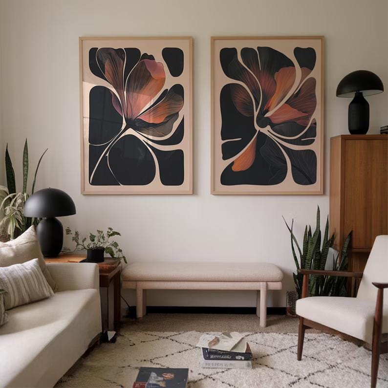 Bedroom wall decor featuring abstract botanical prints