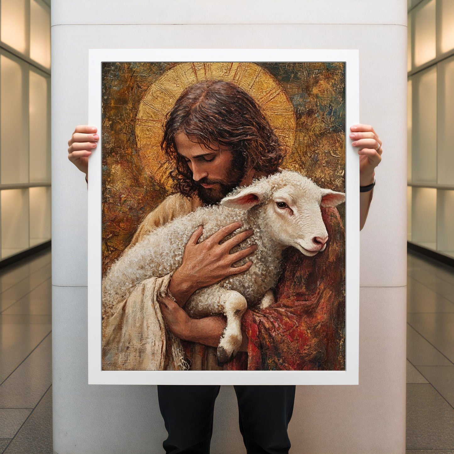 Christian wall art showing warm tones and serene expression