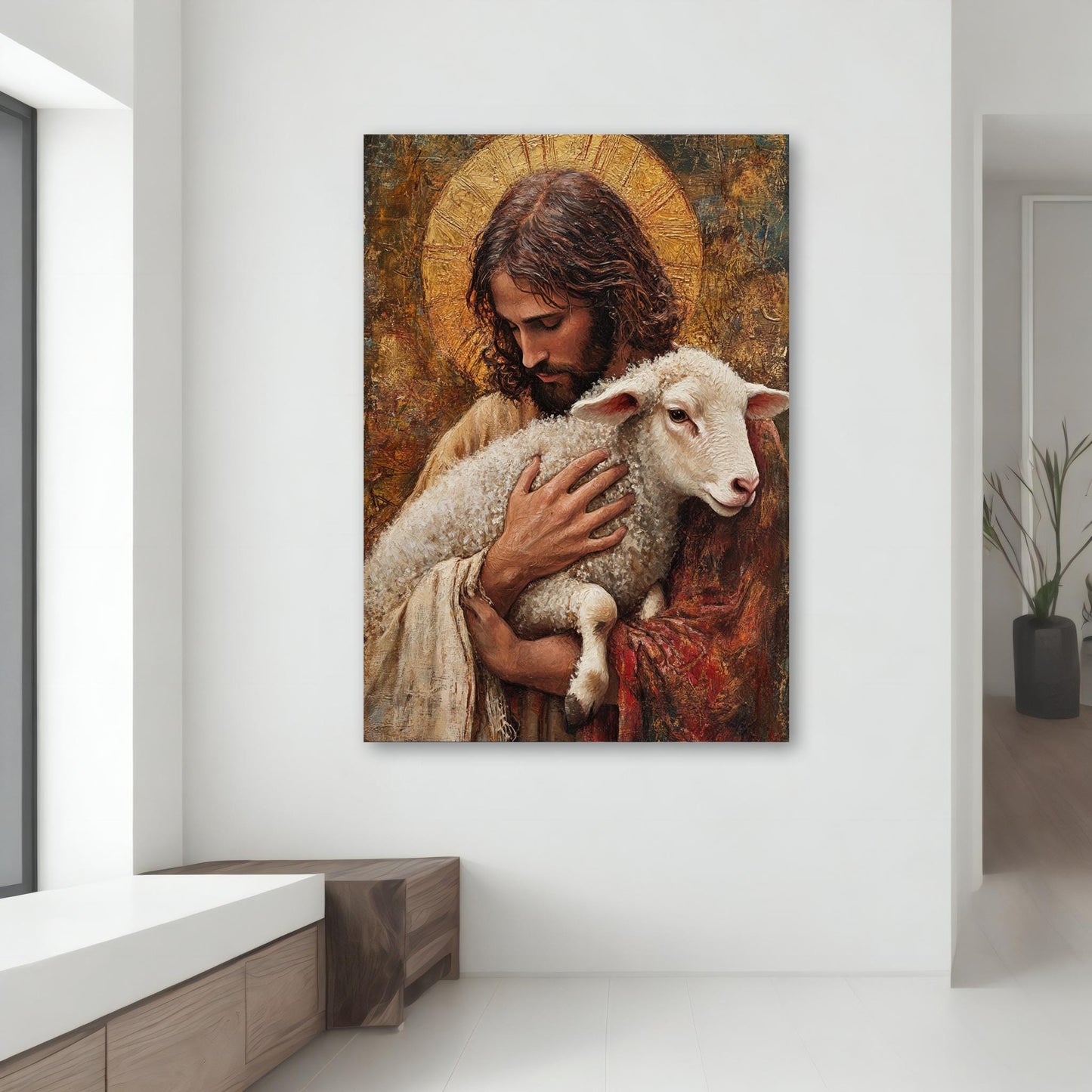 Religious artwork depicting Jesus guiding a flock on canvas