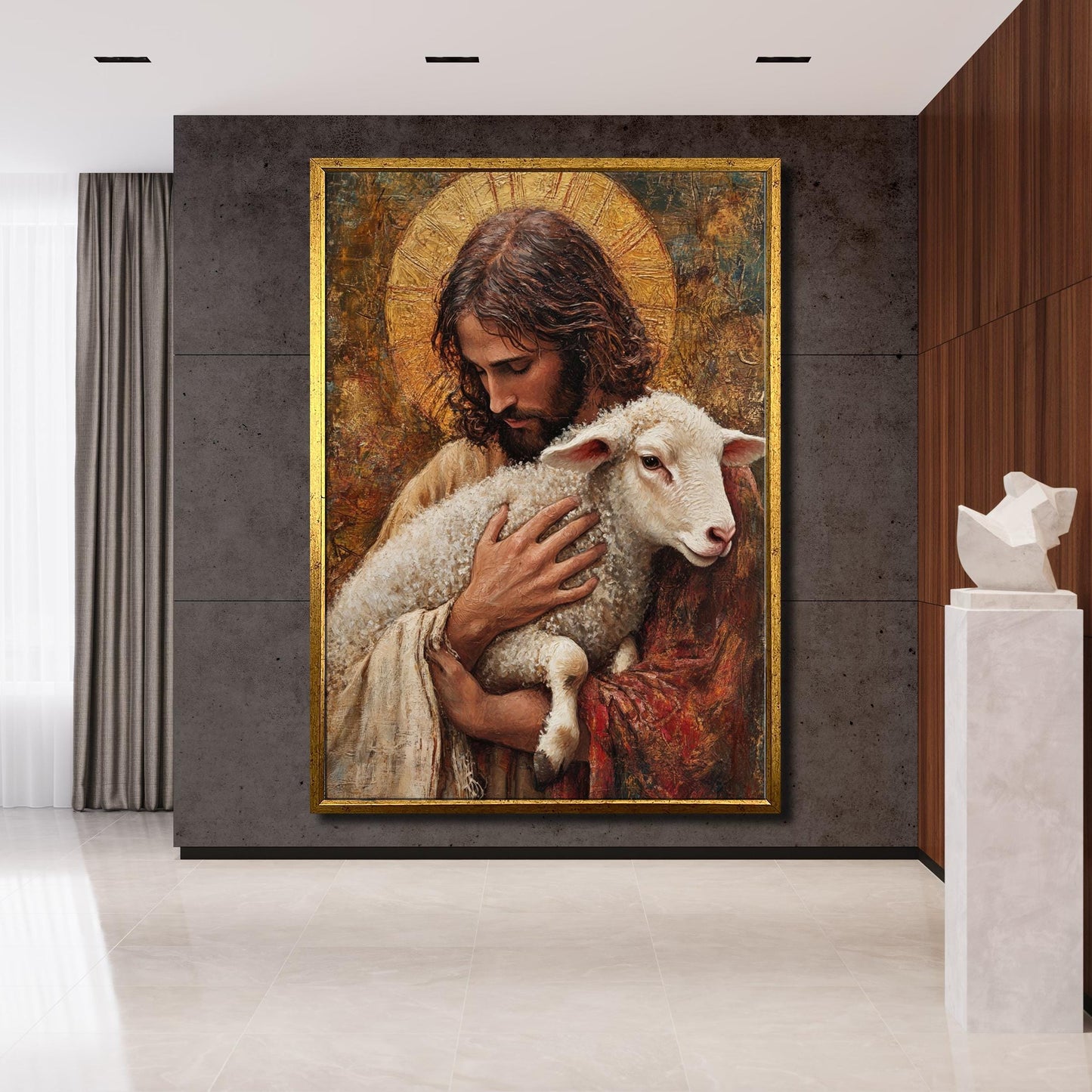 Close up detail of brushwork in Good Shepherd wall art