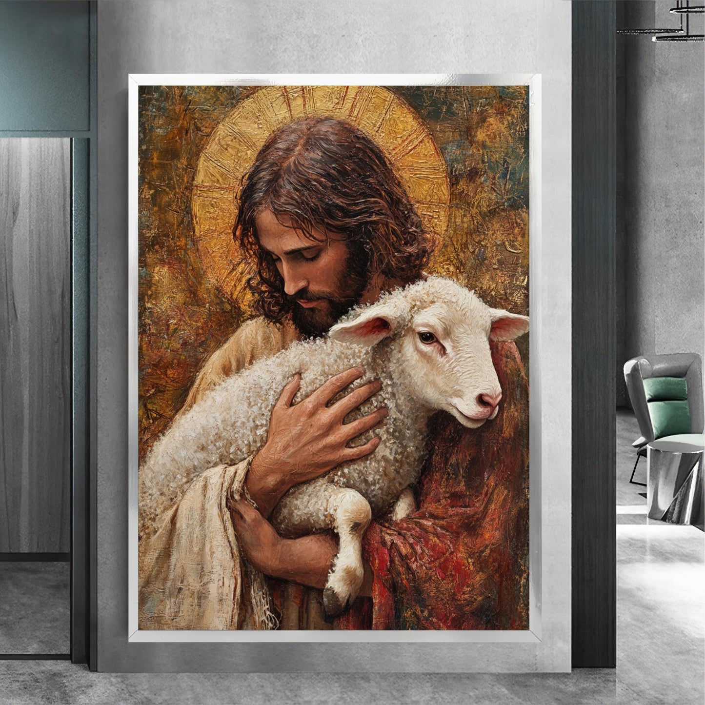 Canvas painting displayed as religious home decor option