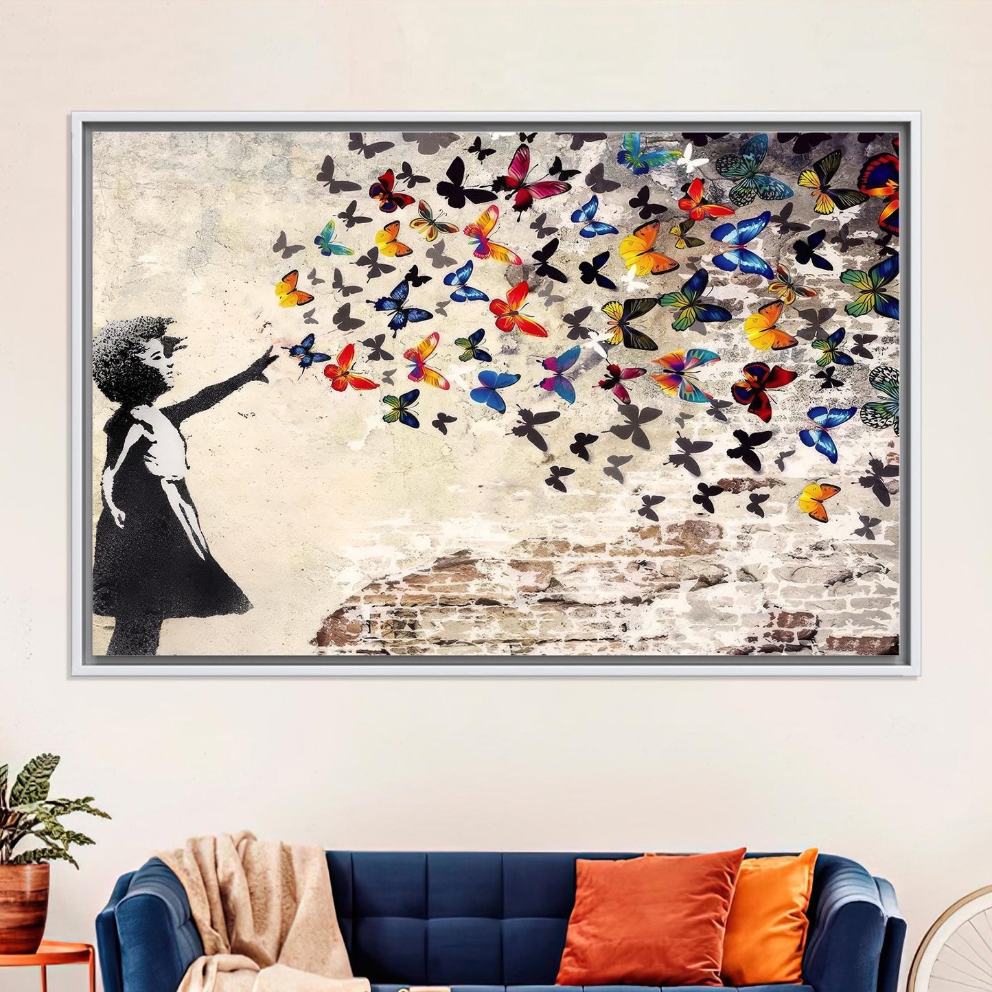 Close-up of colorful butterfly and girl motifs on canvas