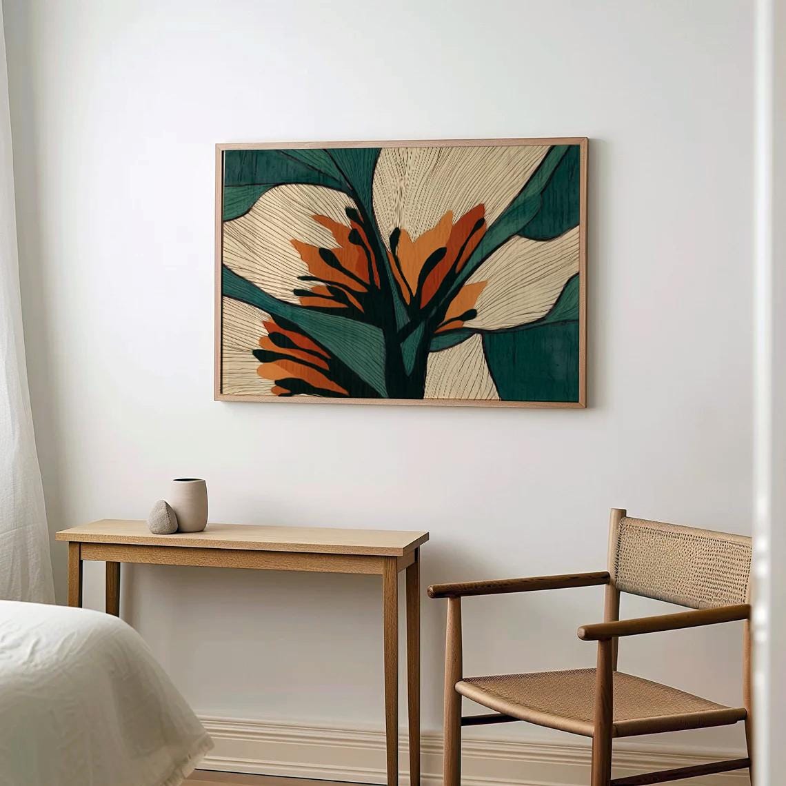 Close-up of abstract botanical design with mid-century colors