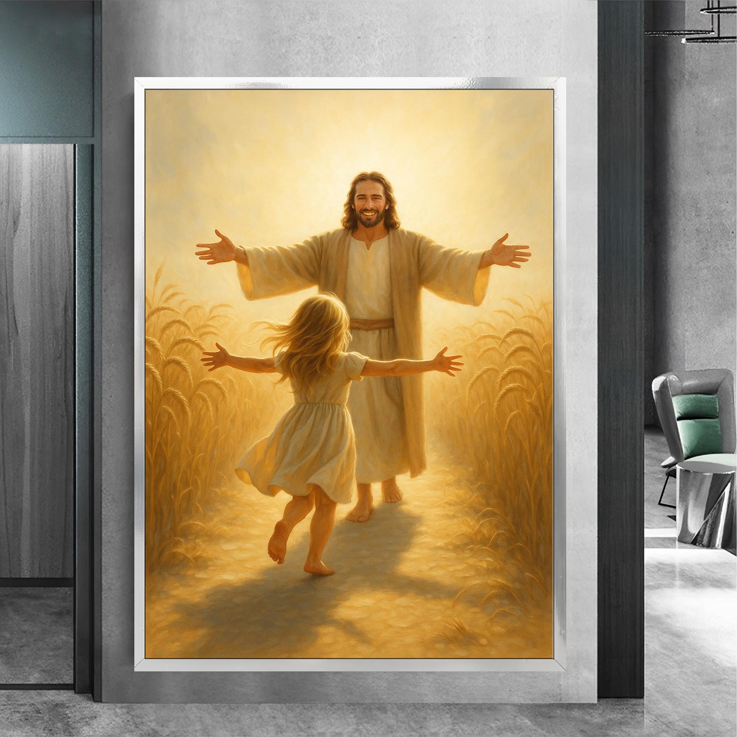 Full canvas artwork displayed in a cozy living room setting